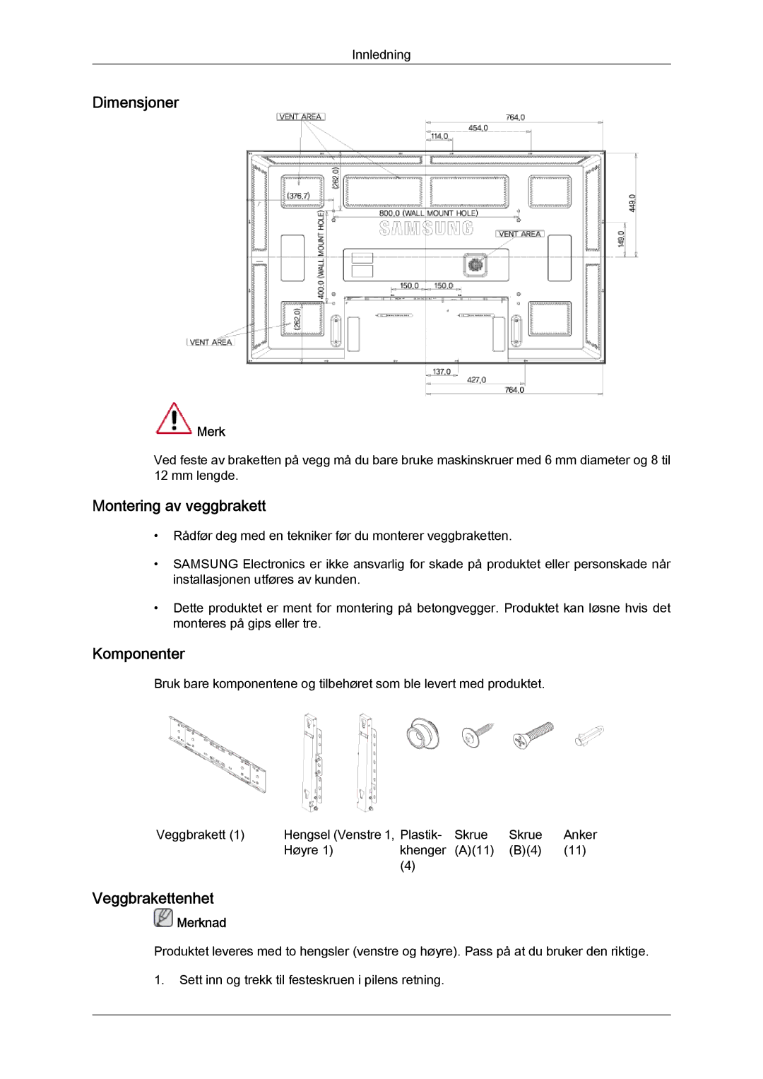 Samsung LH65TCQMBC/EN manual Dimensjoner, Montering av veggbrakett, Komponenter, Veggbrakettenhet, Merk 