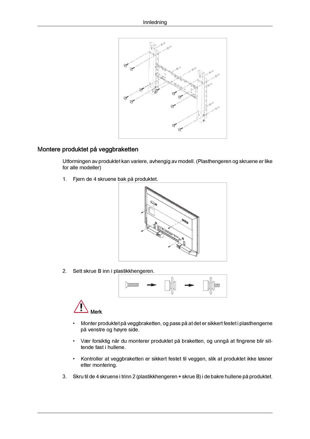 Samsung LH65TCQMBC/EN manual Montere produktet på veggbraketten 