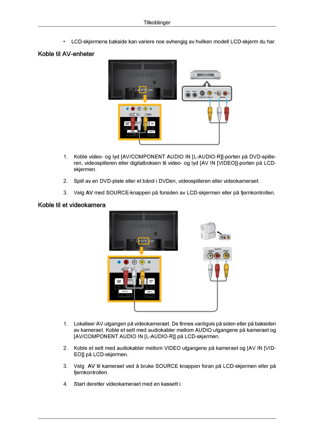 Samsung LH65TCQMBC/EN manual Koble til AV-enheter, Koble til et videokamera 