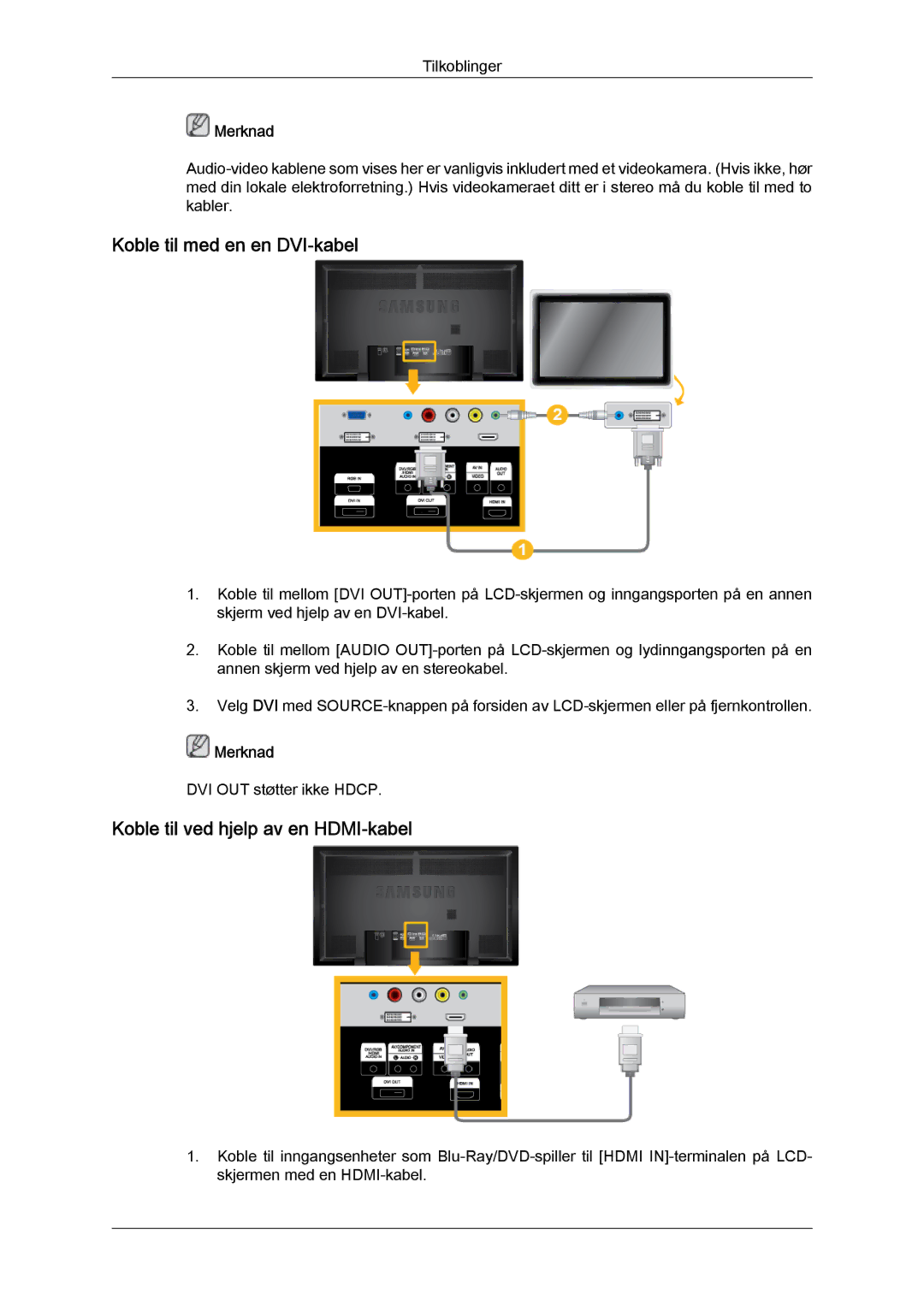 Samsung LH65TCQMBC/EN manual Koble til med en en DVI-kabel, Koble til ved hjelp av en HDMI-kabel 