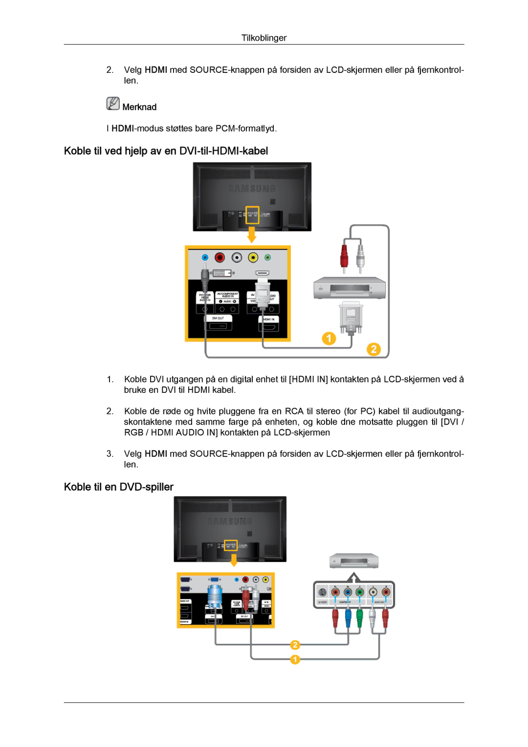 Samsung LH65TCQMBC/EN manual Koble til ved hjelp av en DVI-til-HDMI-kabel, Koble til en DVD-spiller 