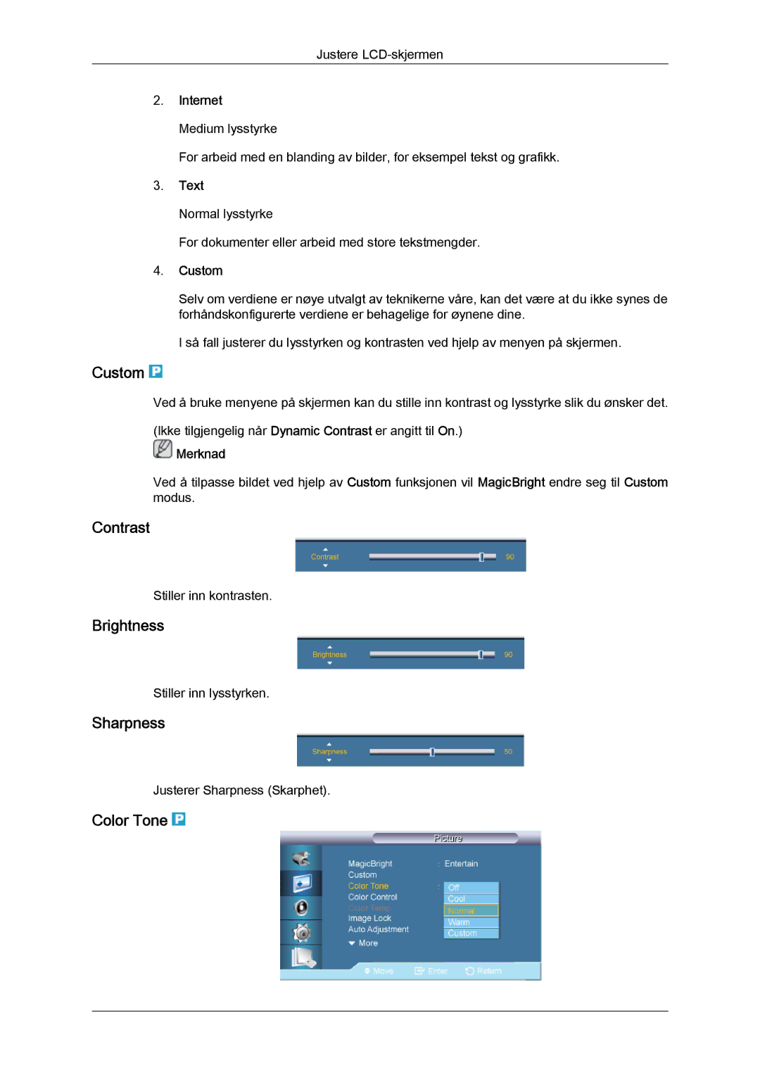 Samsung LH65TCQMBC/EN manual Custom, Contrast, Brightness, Sharpness, Color Tone 