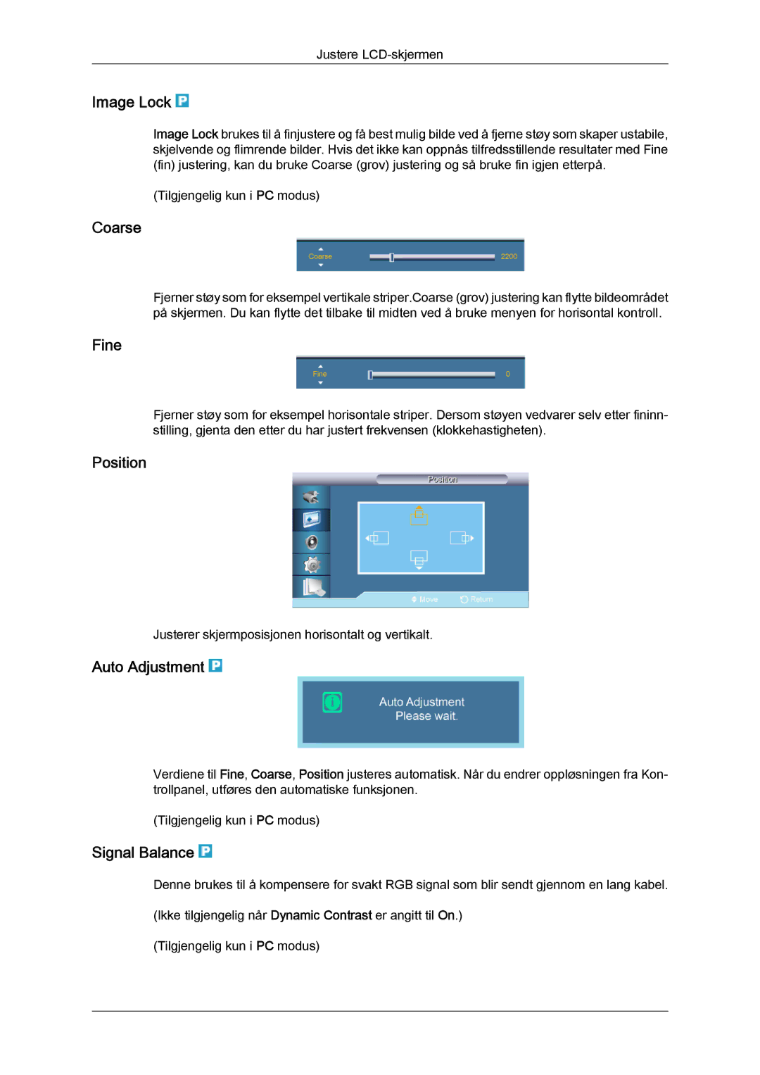 Samsung LH65TCQMBC/EN manual Image Lock, Coarse, Fine, Auto Adjustment, Signal Balance 