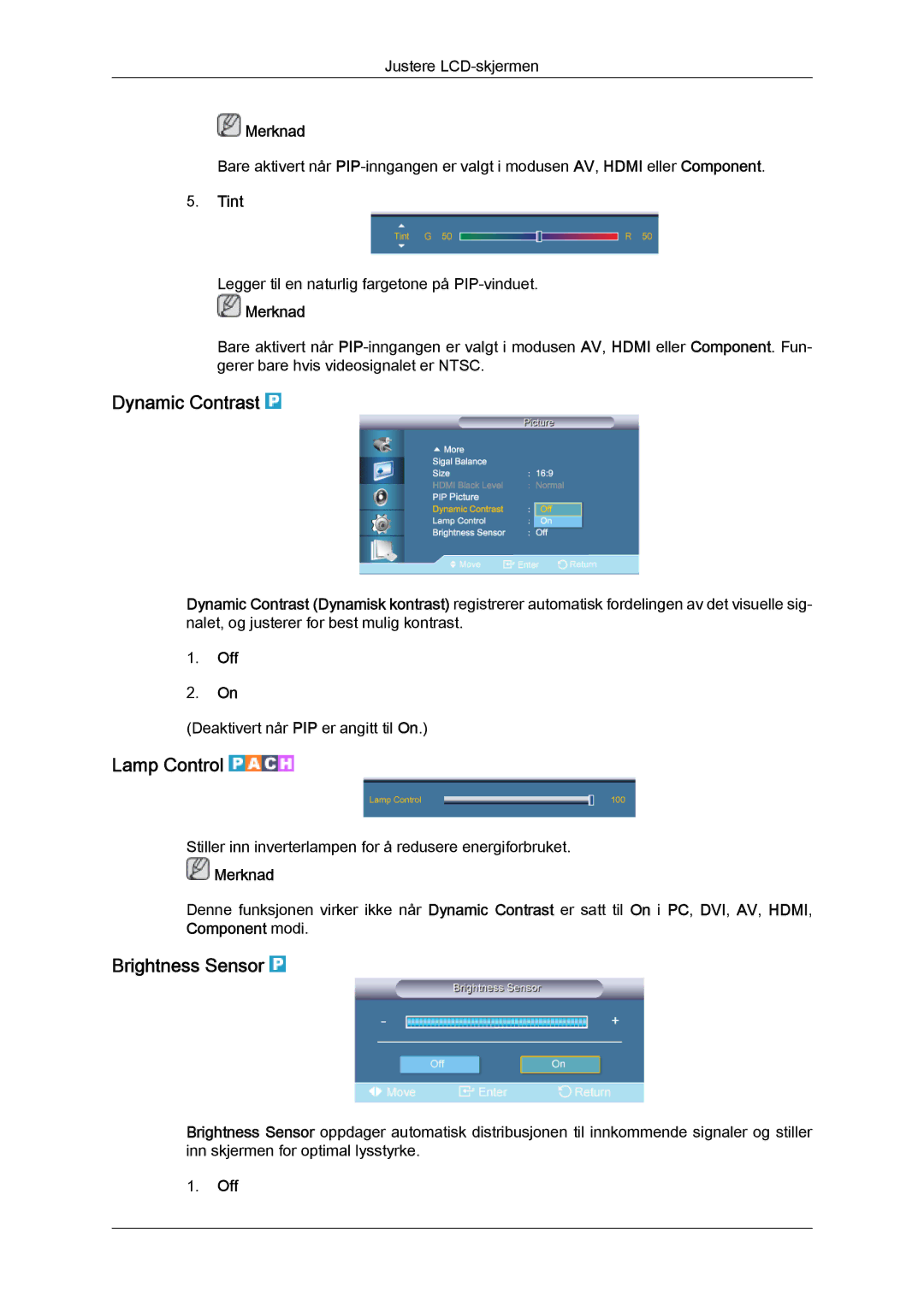 Samsung LH65TCQMBC/EN manual Dynamic Contrast, Lamp Control, Brightness Sensor, Tint 