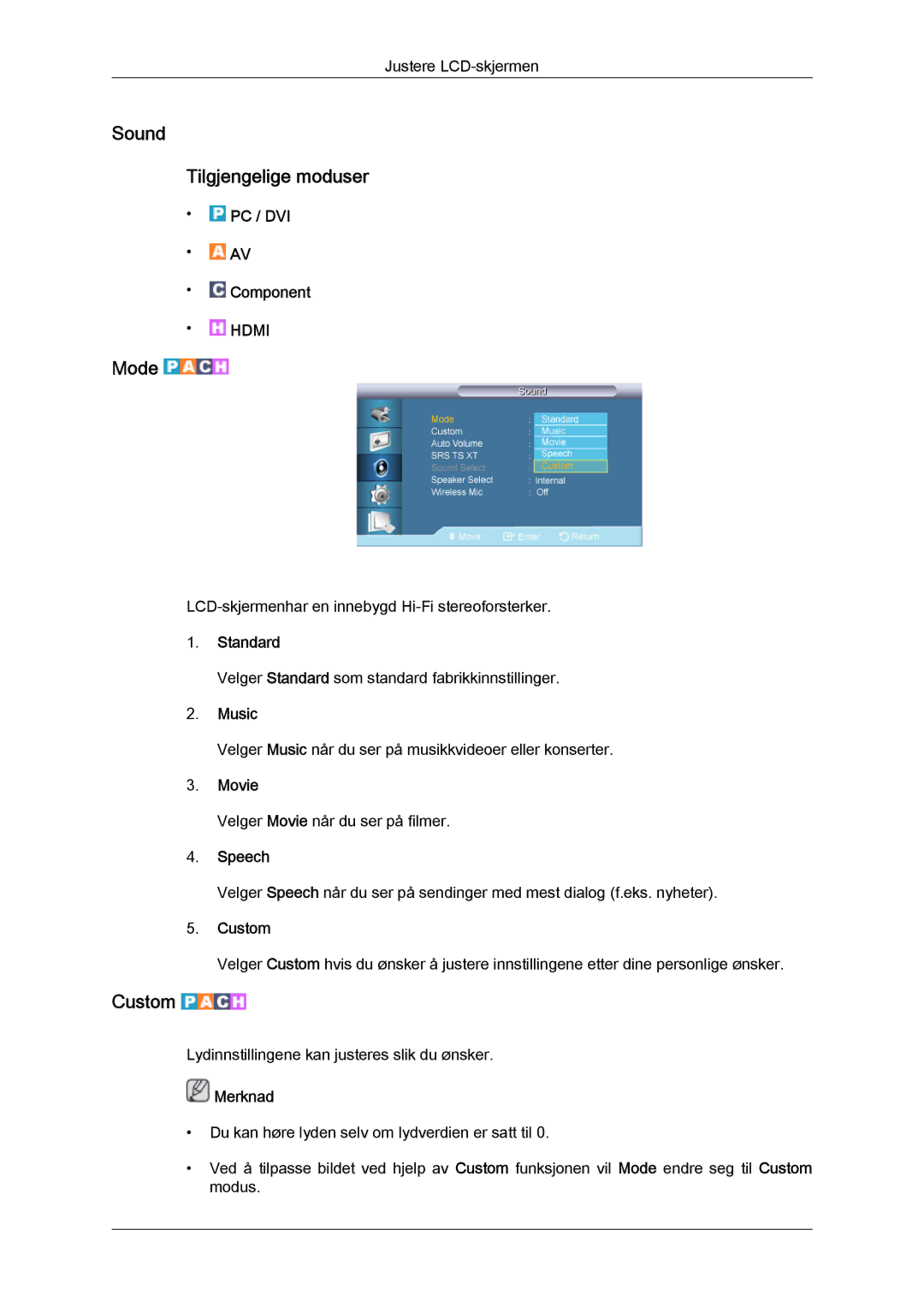 Samsung LH65TCQMBC/EN manual Sound Tilgjengelige moduser, Music, Speech 