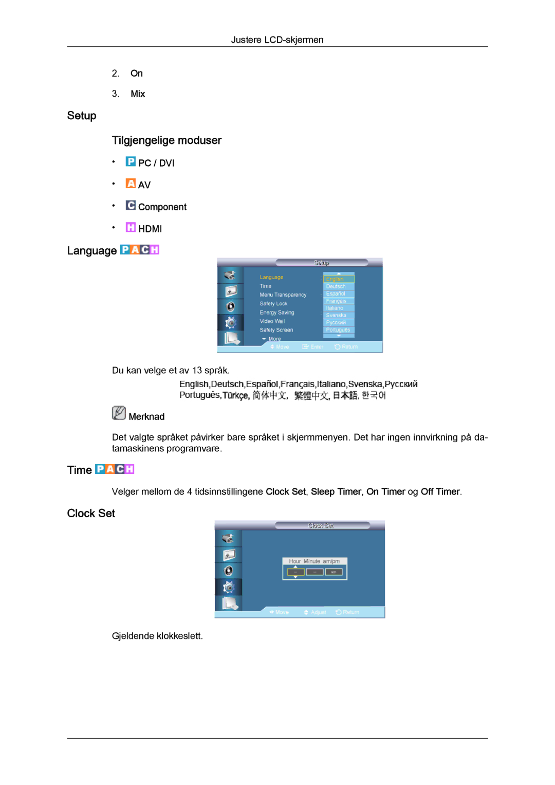 Samsung LH65TCQMBC/EN manual Setup Tilgjengelige moduser, Language, Time, Clock Set, Mix 