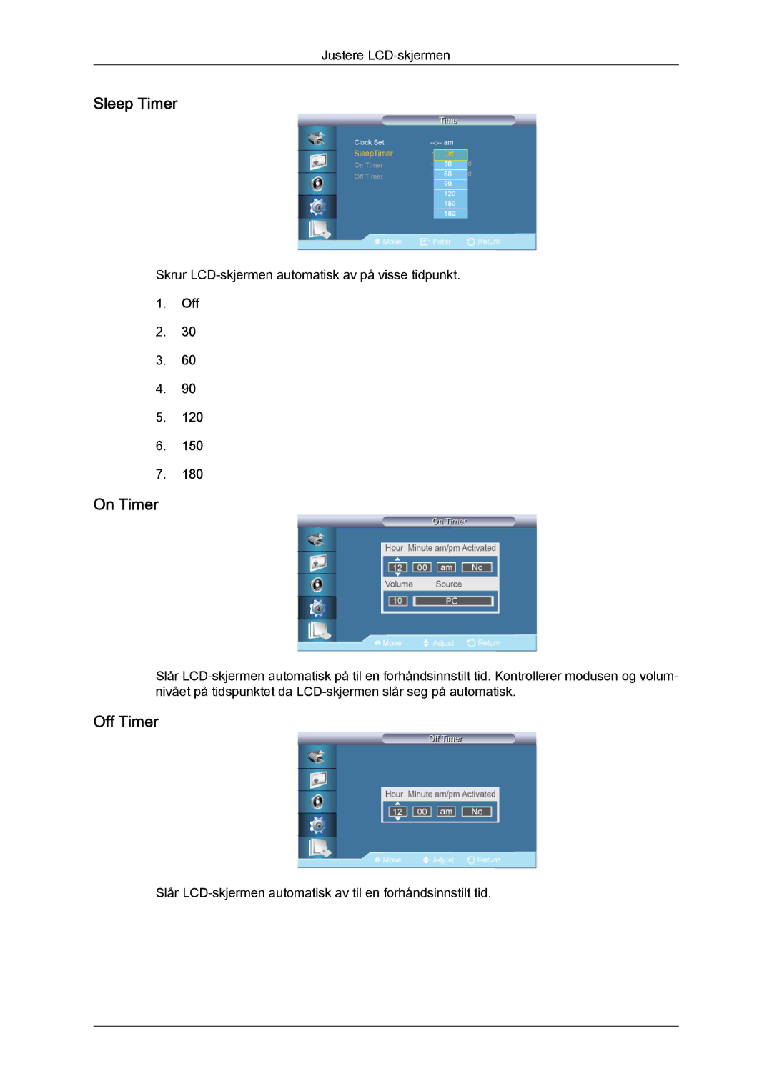 Samsung LH65TCQMBC/EN manual Sleep Timer, On Timer, Off Timer 