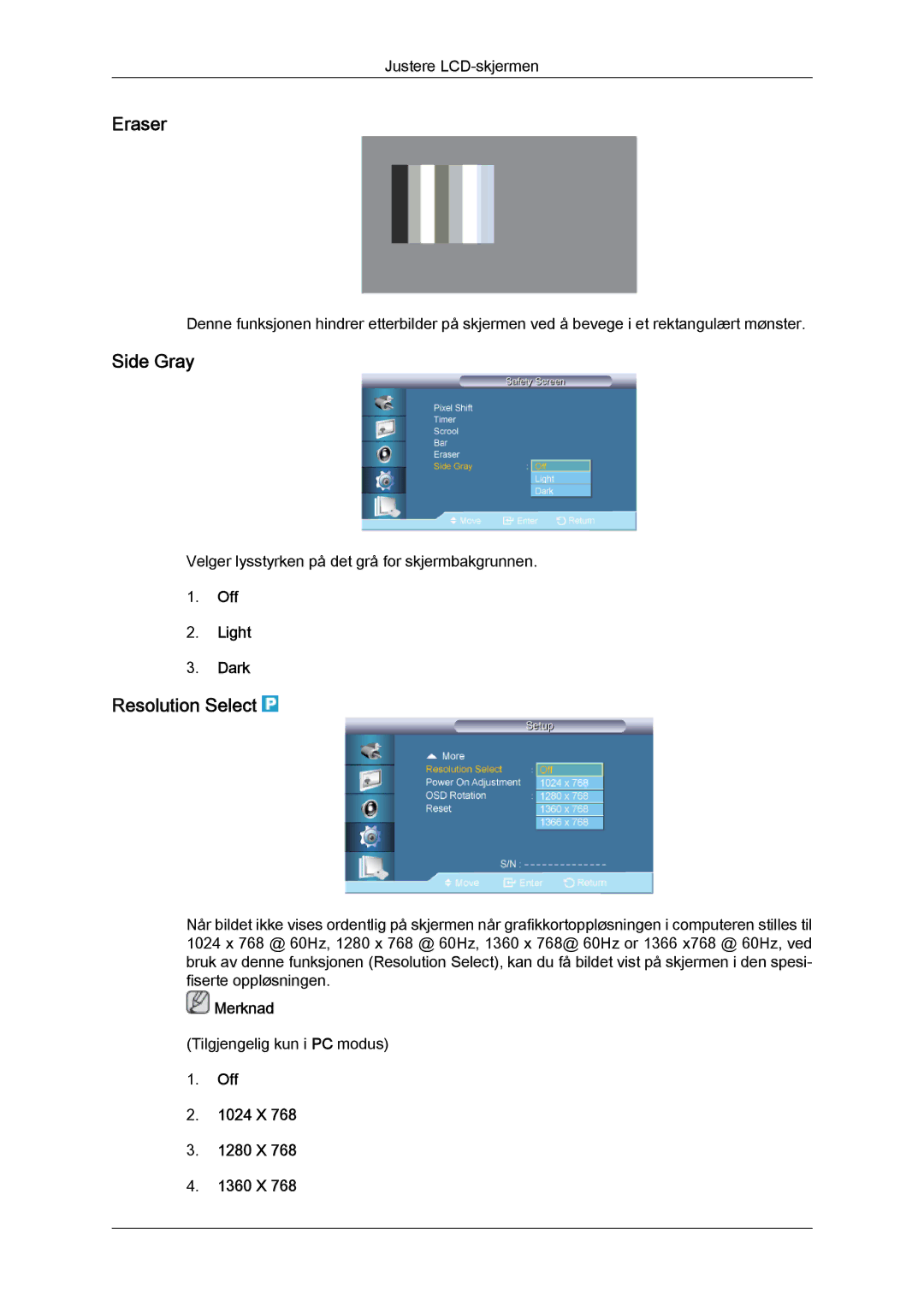 Samsung LH65TCQMBC/EN manual Eraser, Side Gray, Resolution Select, Off Light Dark, Off 1024 X 1280 X 1360 X 