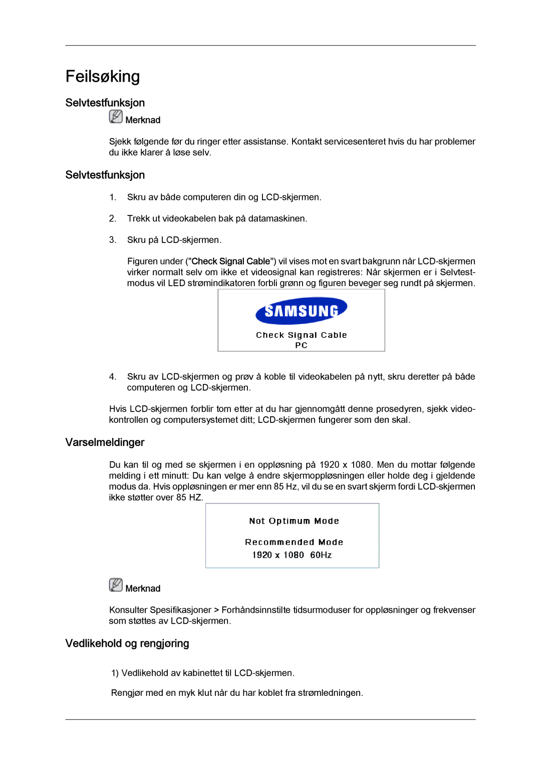 Samsung LH65TCQMBC/EN manual Selvtestfunksjon, Varselmeldinger, Vedlikehold og rengjøring 