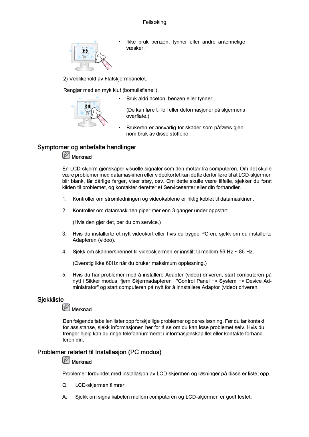 Samsung LH65TCQMBC/EN manual Symptomer og anbefalte handlinger, Sjekkliste, Problemer relatert til Installasjon PC modus 