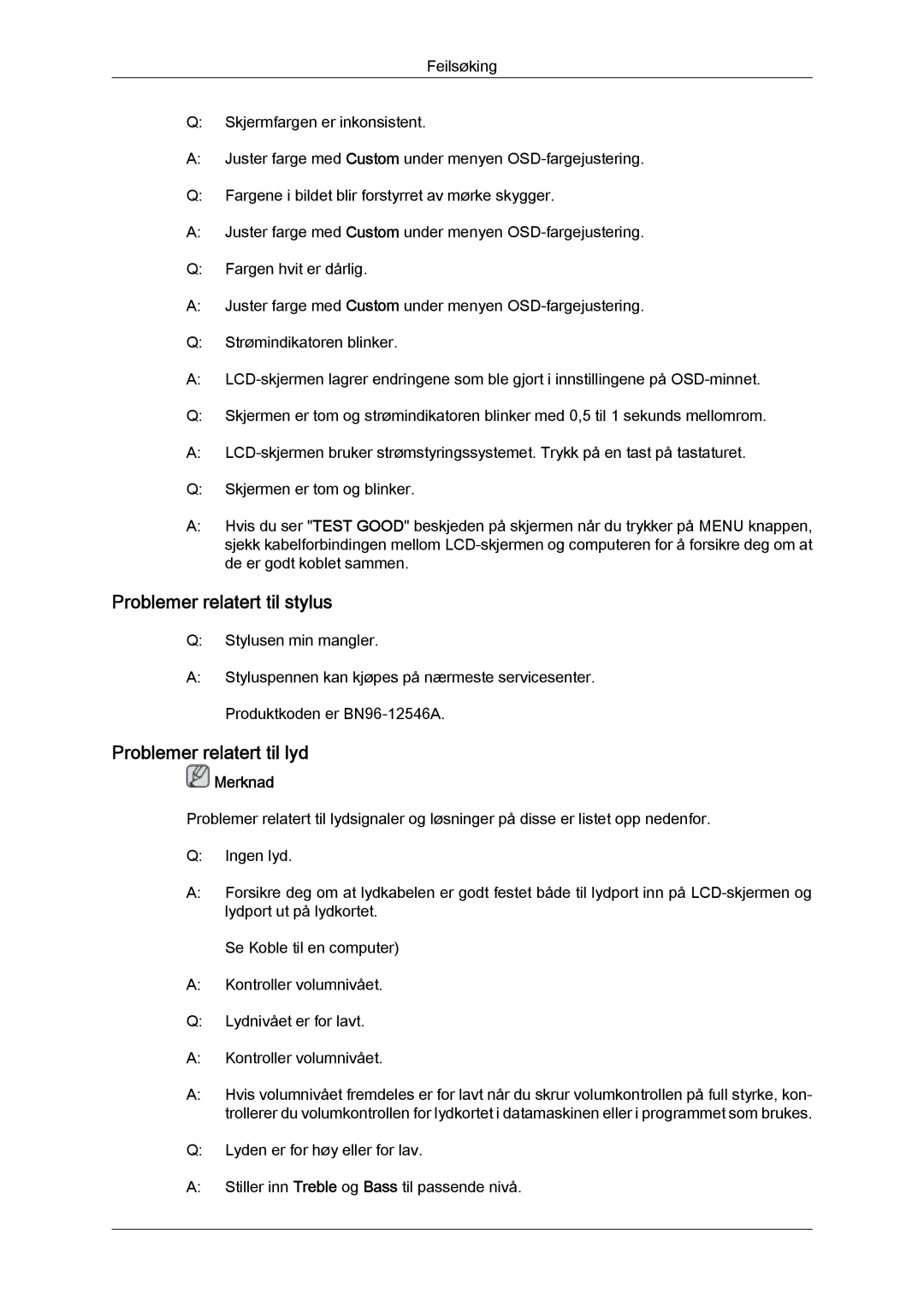 Samsung LH65TCQMBC/EN manual Problemer relatert til stylus, Problemer relatert til lyd 