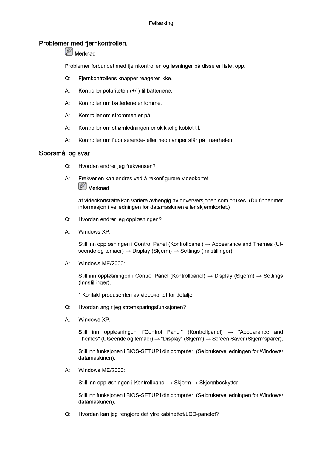 Samsung LH65TCQMBC/EN manual Problemer med fjernkontrollen, Spørsmål og svar 