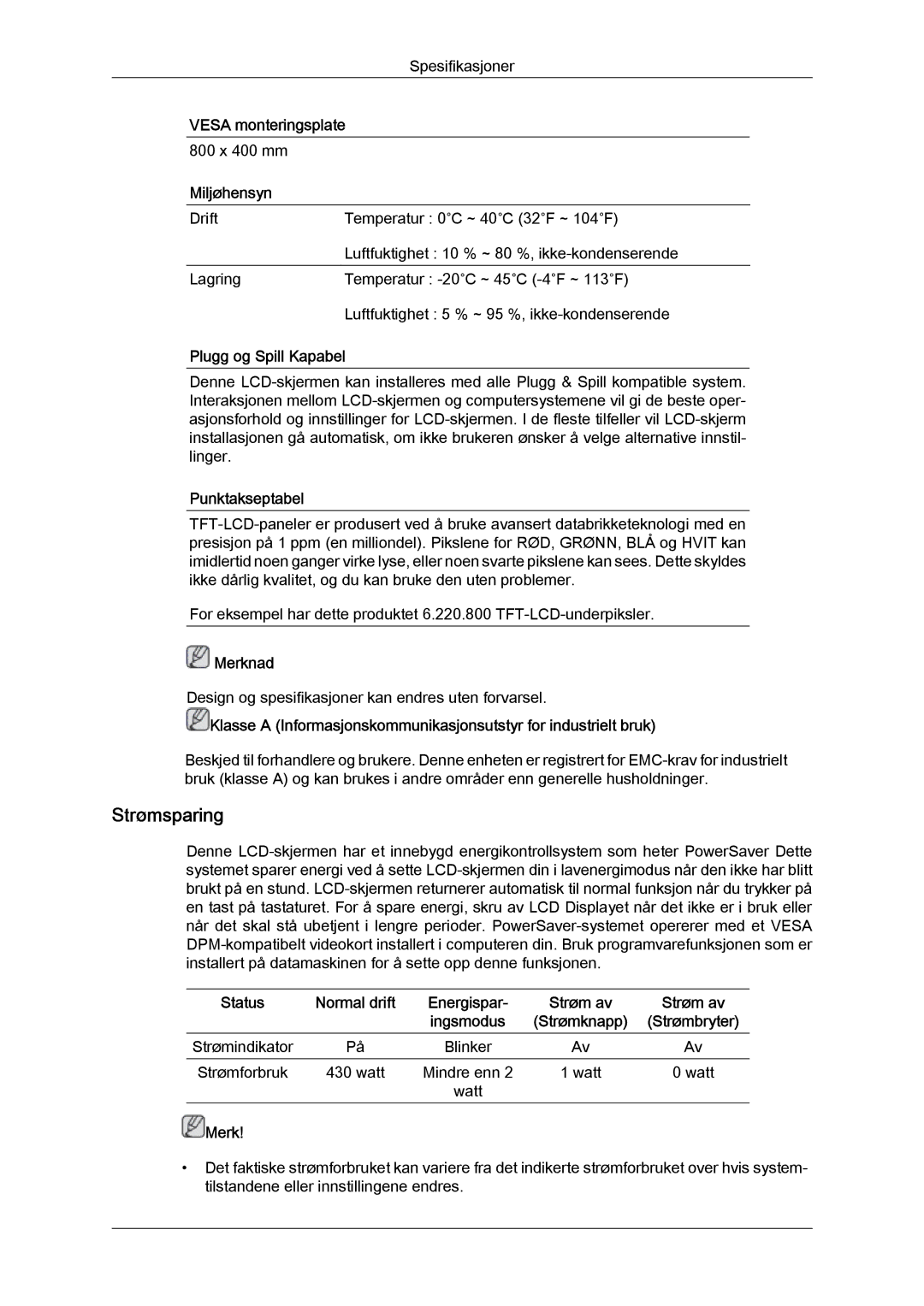 Samsung LH65TCQMBC/EN manual Strømsparing, Vesa monteringsplate, Miljøhensyn, Plugg og Spill Kapabel, Punktakseptabel 