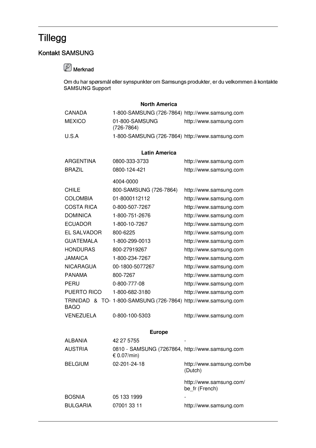 Samsung LH65TCQMBC/EN manual Kontakt Samsung, North America, Latin America, Europe 