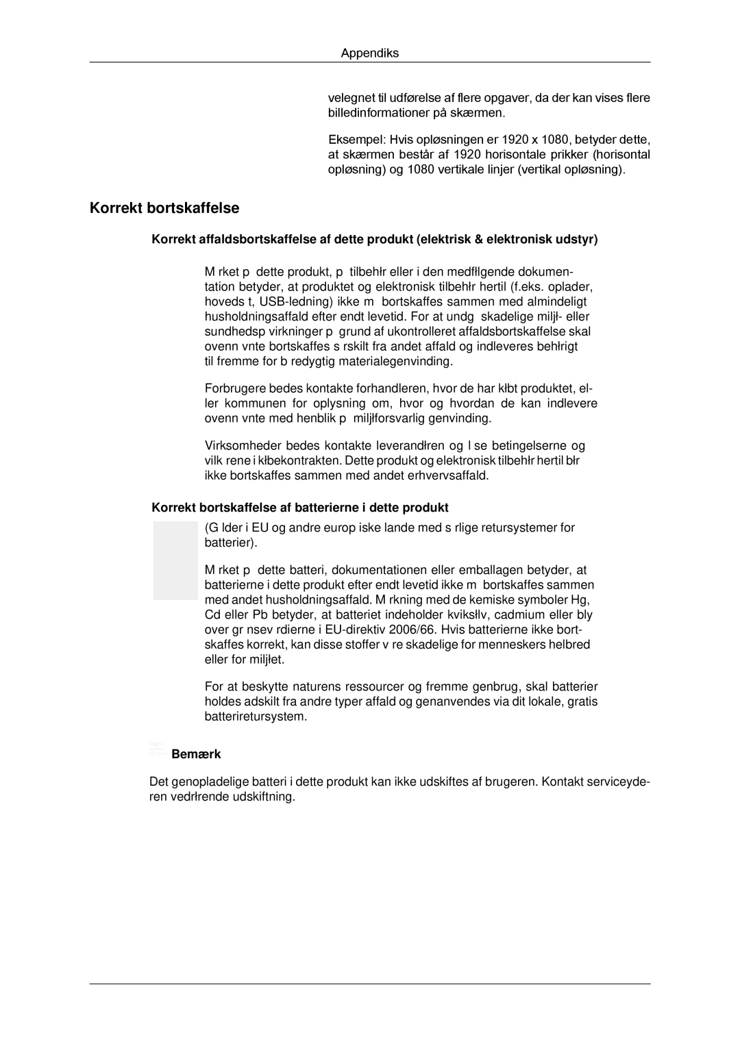 Samsung LH65TCQMBC/EN manual Korrekt bortskaffelse af batterierne i dette produkt 