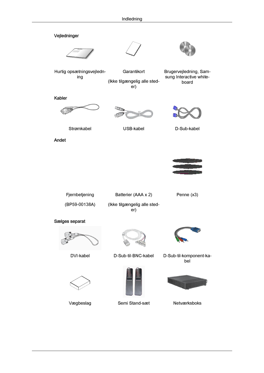 Samsung LH65TCQMBC/EN manual Vejledninger, Kabler, Andet, Sælges separat 