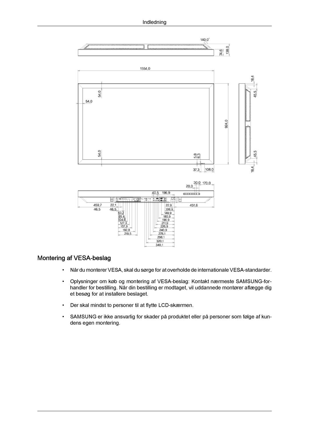 Samsung LH65TCQMBC/EN manual Montering af VESA‐beslag 