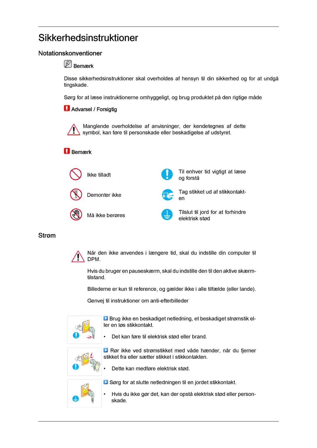 Samsung LH65TCQMBC/EN manual Notationskonventioner, Strøm, Bemærk 