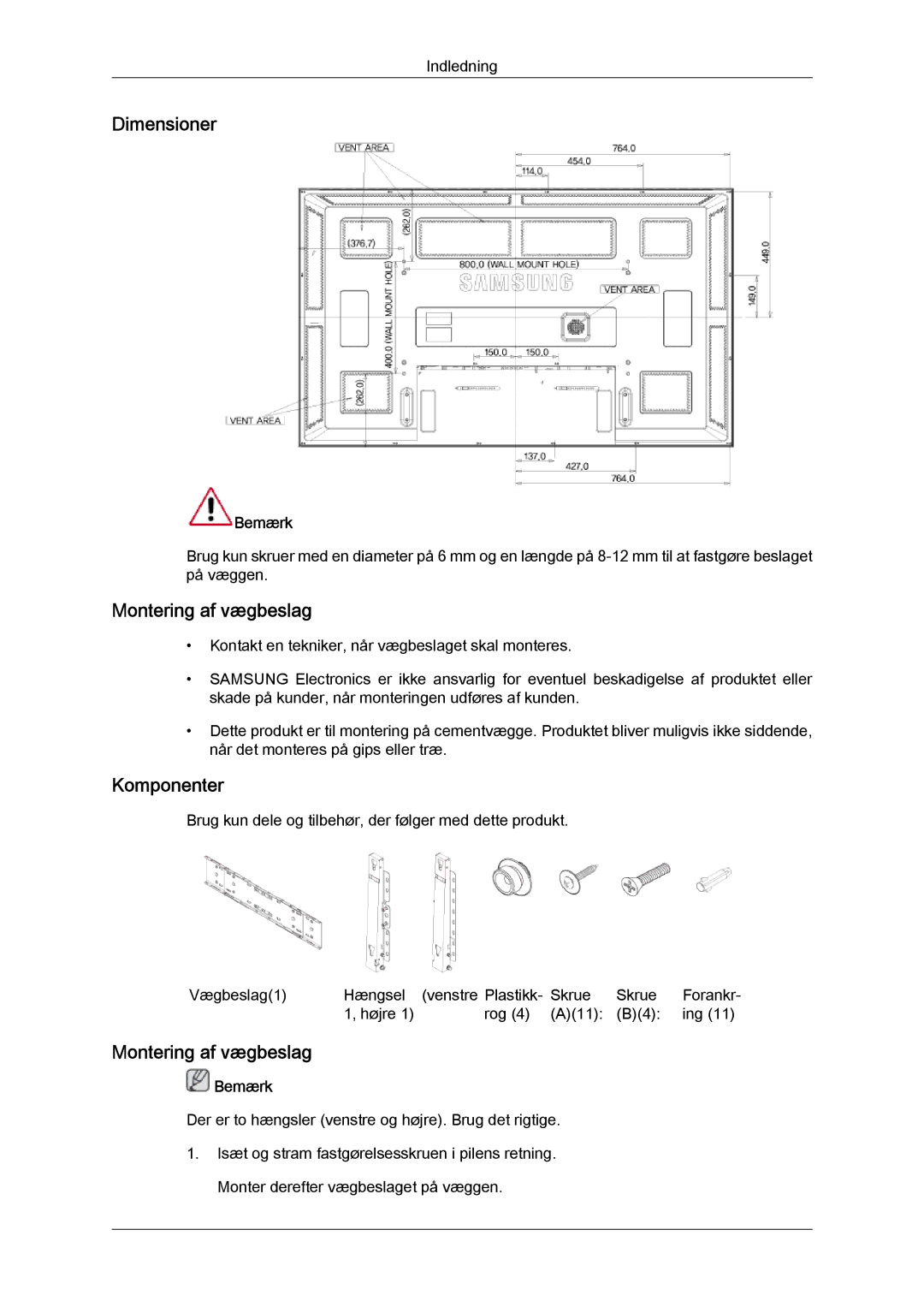 Samsung LH65TCQMBC/EN manual Dimensioner, Montering af vægbeslag, Komponenter 