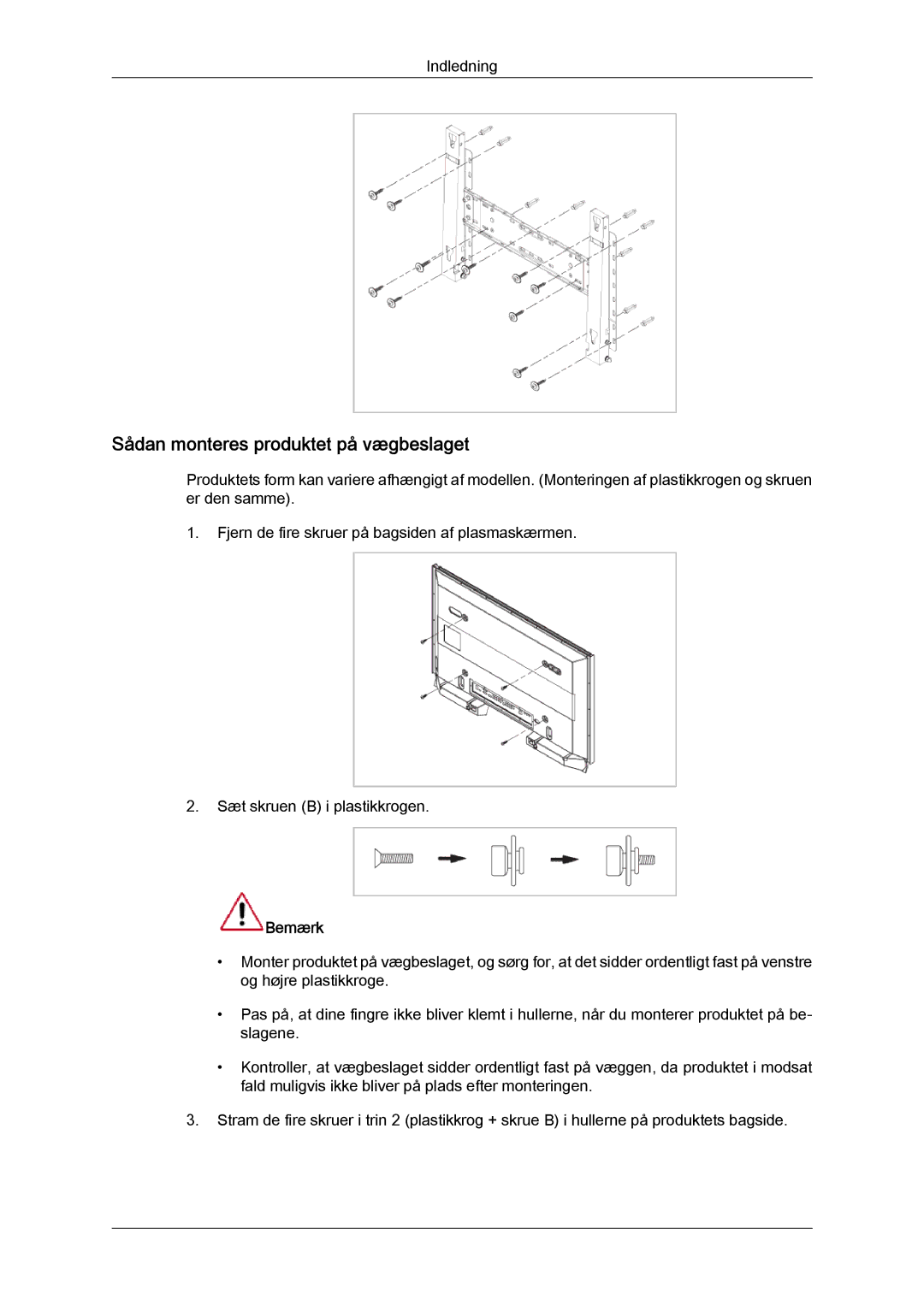 Samsung LH65TCQMBC/EN manual Sådan monteres produktet på vægbeslaget 