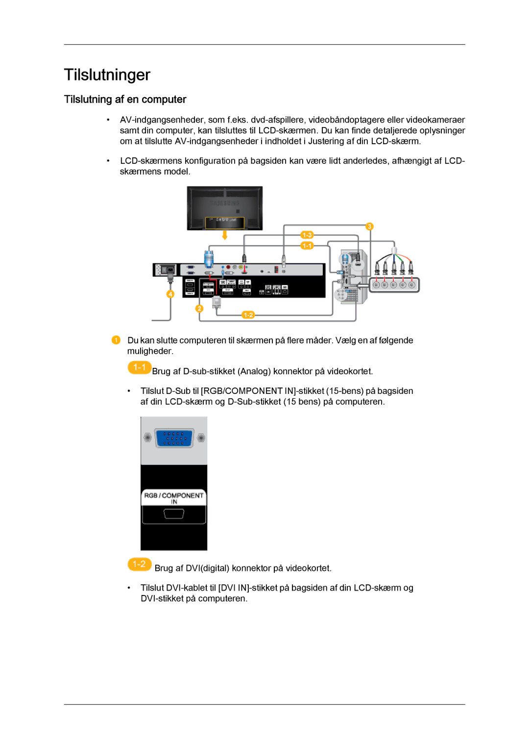 Samsung LH65TCQMBC/EN manual Tilslutninger, Tilslutning af en computer 