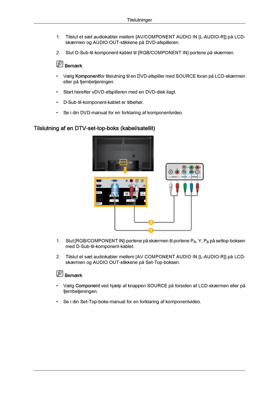 Samsung LH65TCQMBC/EN manual Tilslutning af en DTV‐set‐top‐boks kabel/satellit 