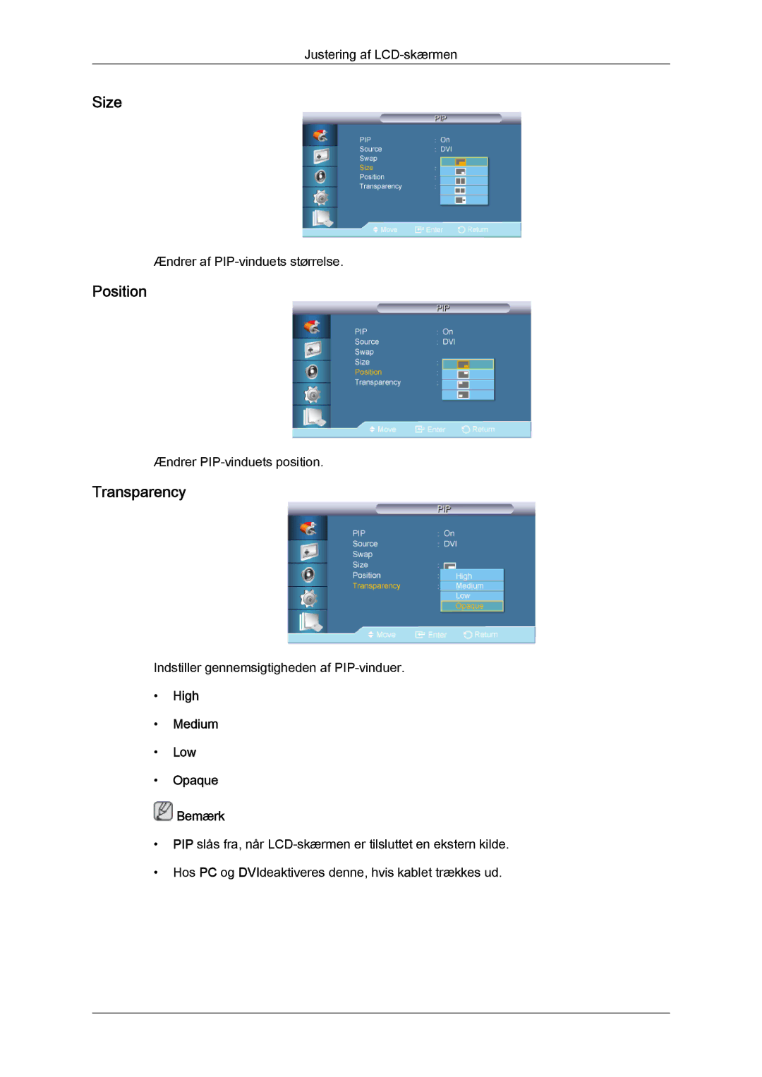 Samsung LH65TCQMBC/EN manual Size, Position, Transparency, High Medium Low Opaque Bemærk 