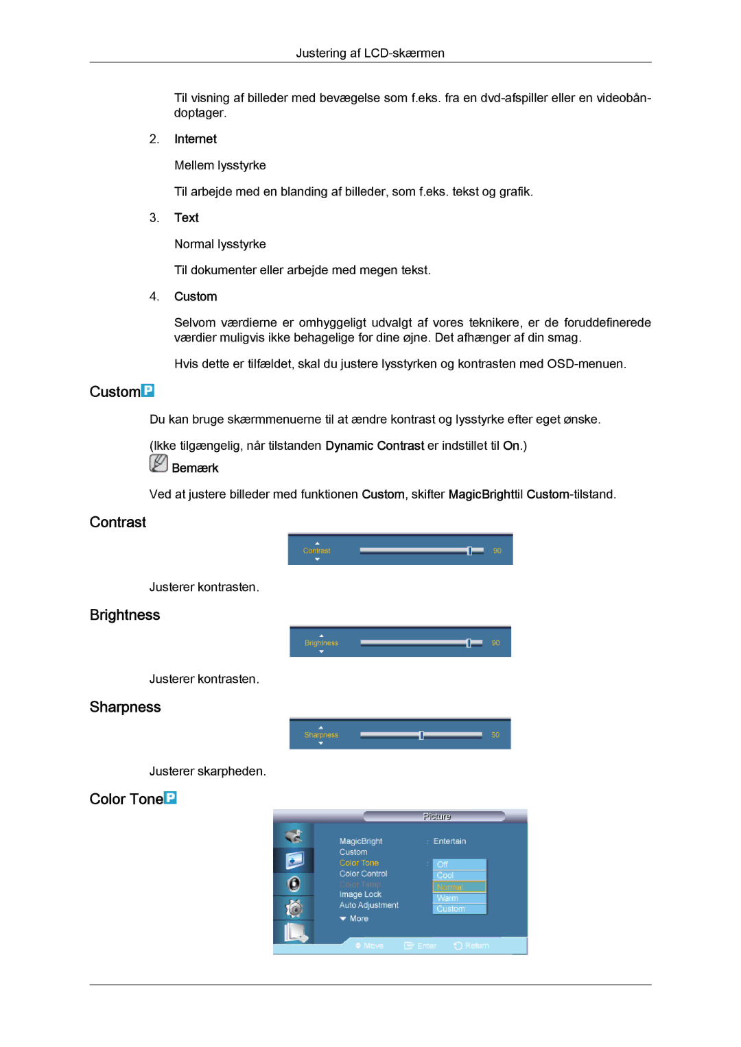 Samsung LH65TCQMBC/EN manual Custom, Contrast, Brightness, Sharpness, Color Tone 