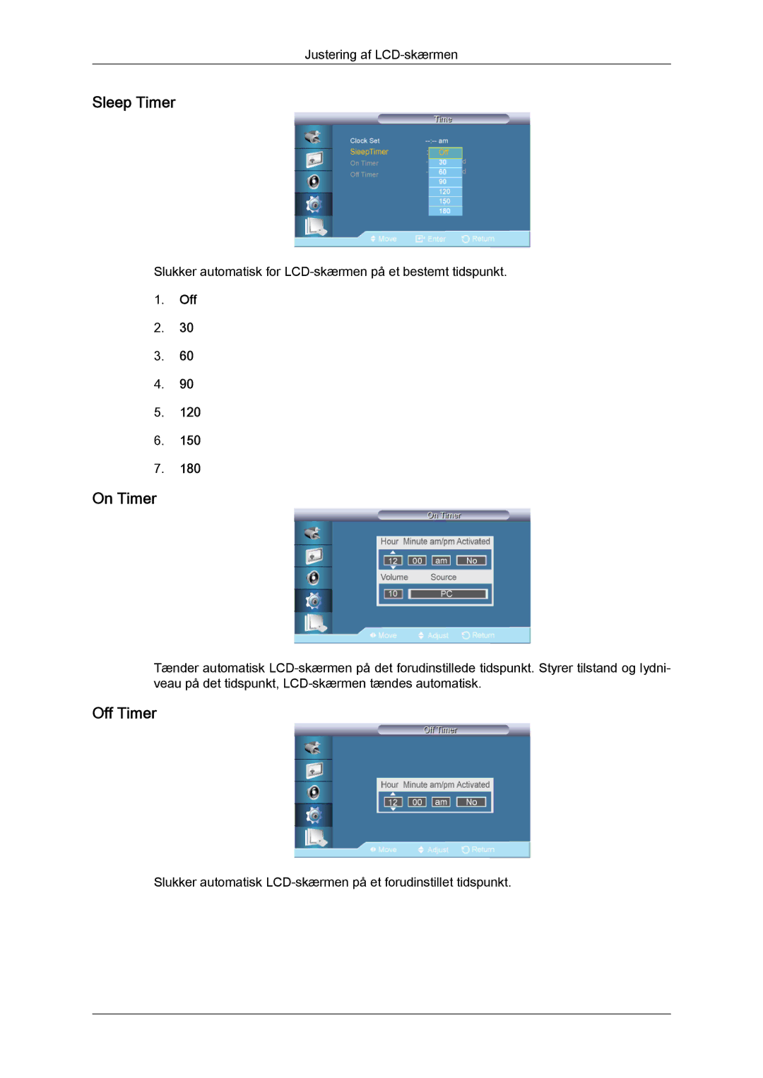 Samsung LH65TCQMBC/EN manual Sleep Timer, On Timer, Off Timer 