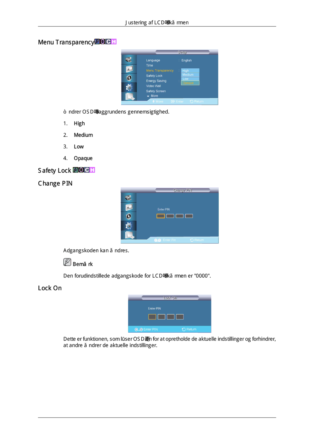 Samsung LH65TCQMBC/EN manual Menu Transparency, Safety Lock Change PIN, Lock On, High Medium Low Opaque 