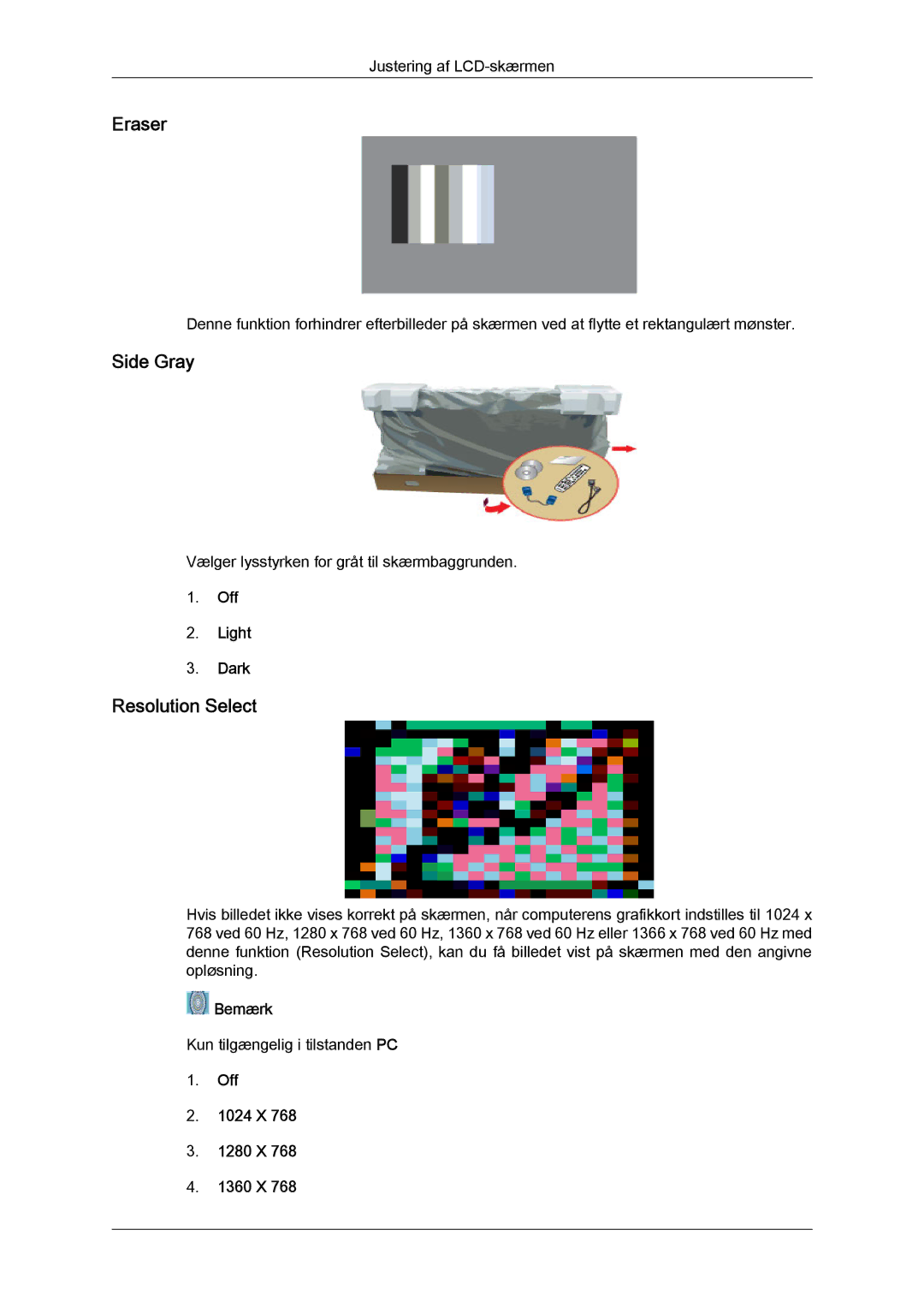 Samsung LH65TCQMBC/EN manual Eraser, Side Gray, Resolution Select, Off Light Dark, Off 1024 X 1280 X 1360 X 