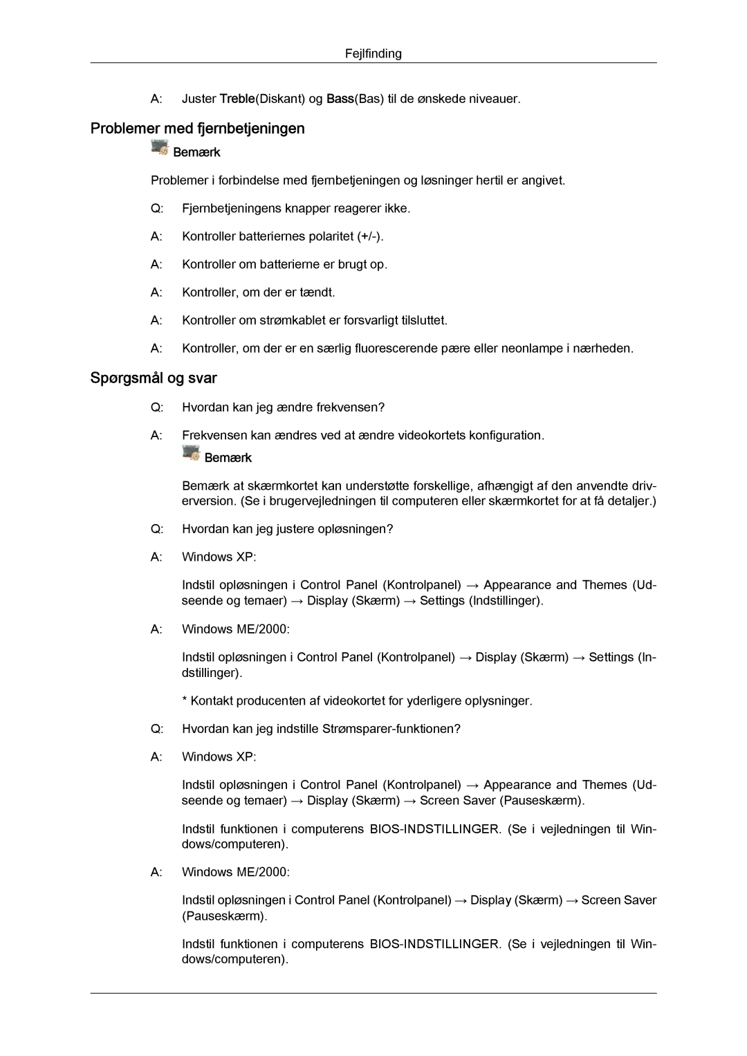 Samsung LH65TCQMBC/EN manual Problemer med fjernbetjeningen, Spørgsmål og svar 