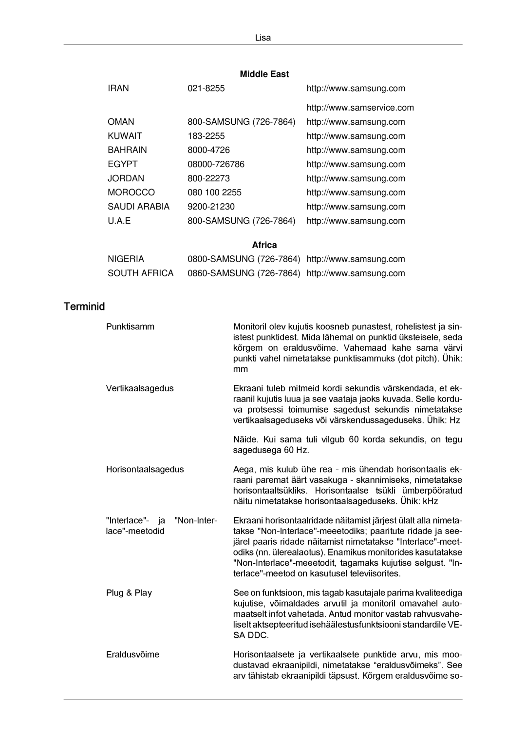 Samsung LH65TCQMBC/EN manual Terminid, Middle East, Africa 