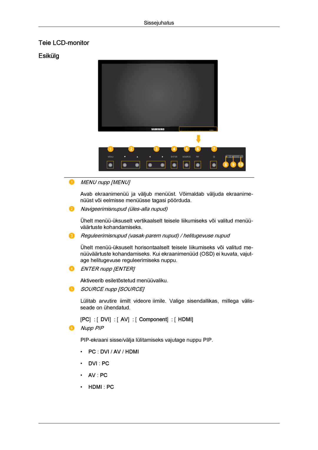 Samsung LH65TCQMBC/EN manual Teie LCD-monitor Esikülg, PC → DVI → AV → Component → Hdmi, PC DVI / AV / Hdmi DVI PC AV PC 