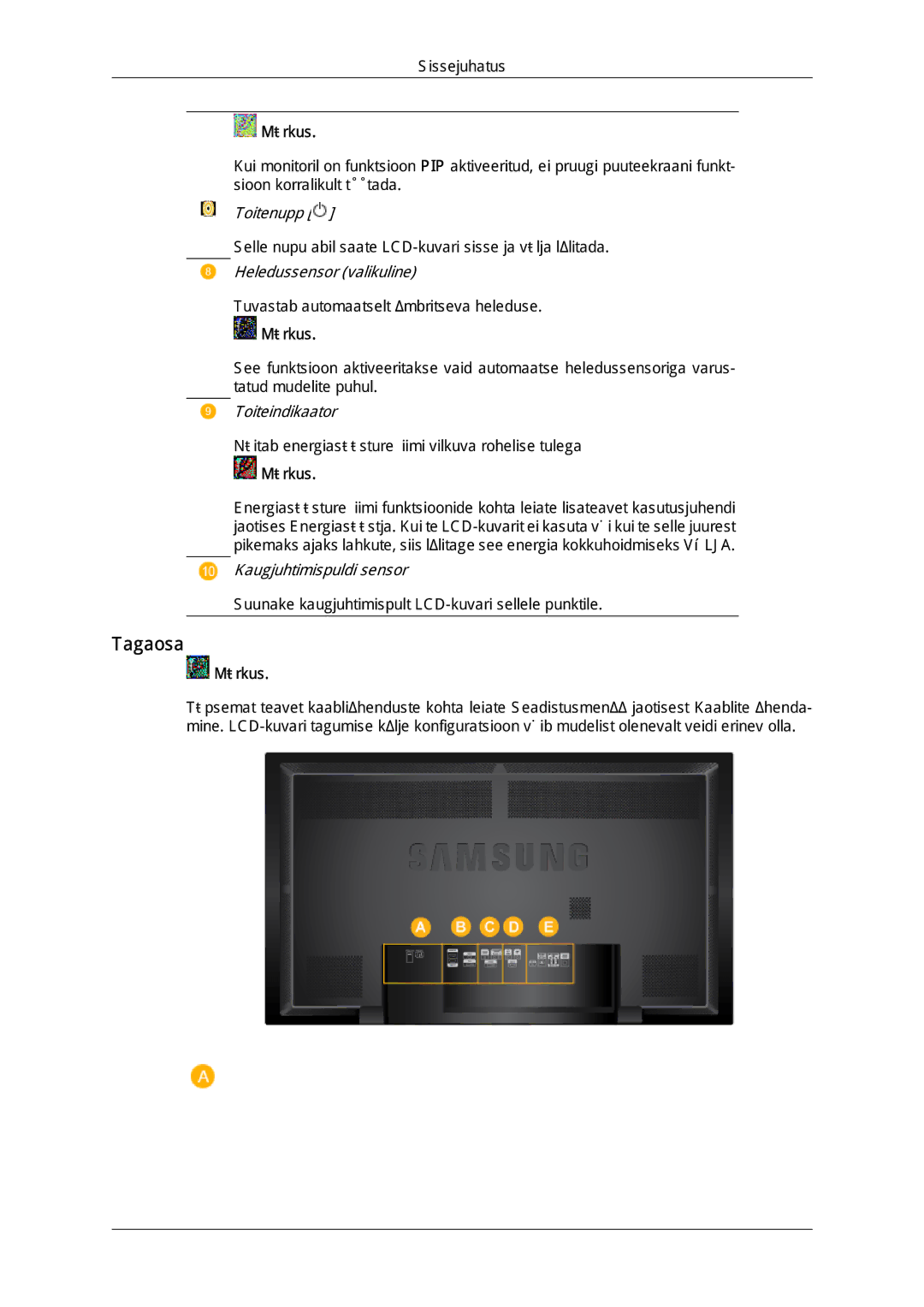 Samsung LH65TCQMBC/EN manual Tagaosa, Märkus 