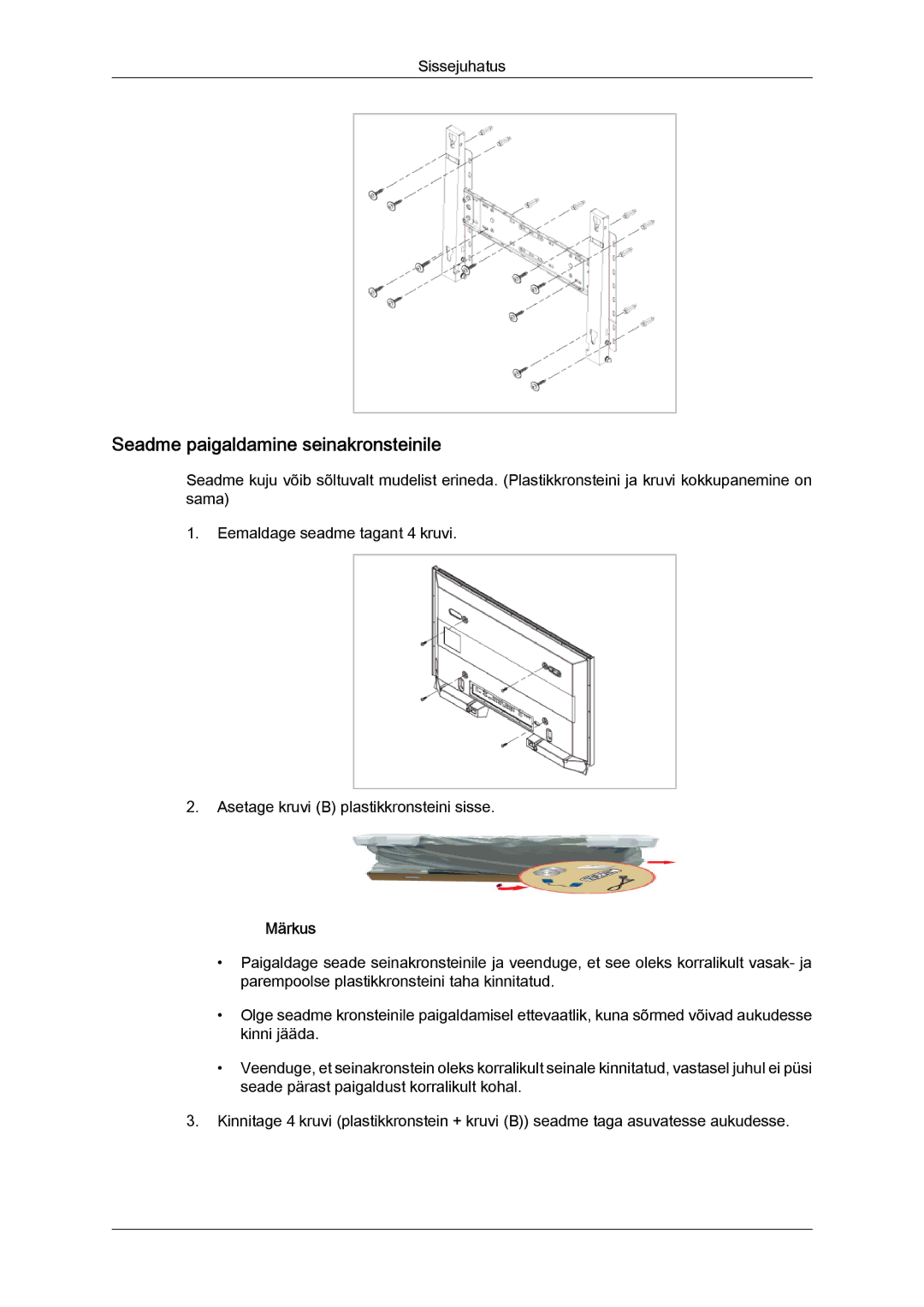 Samsung LH65TCQMBC/EN manual Seadme paigaldamine seinakronsteinile 