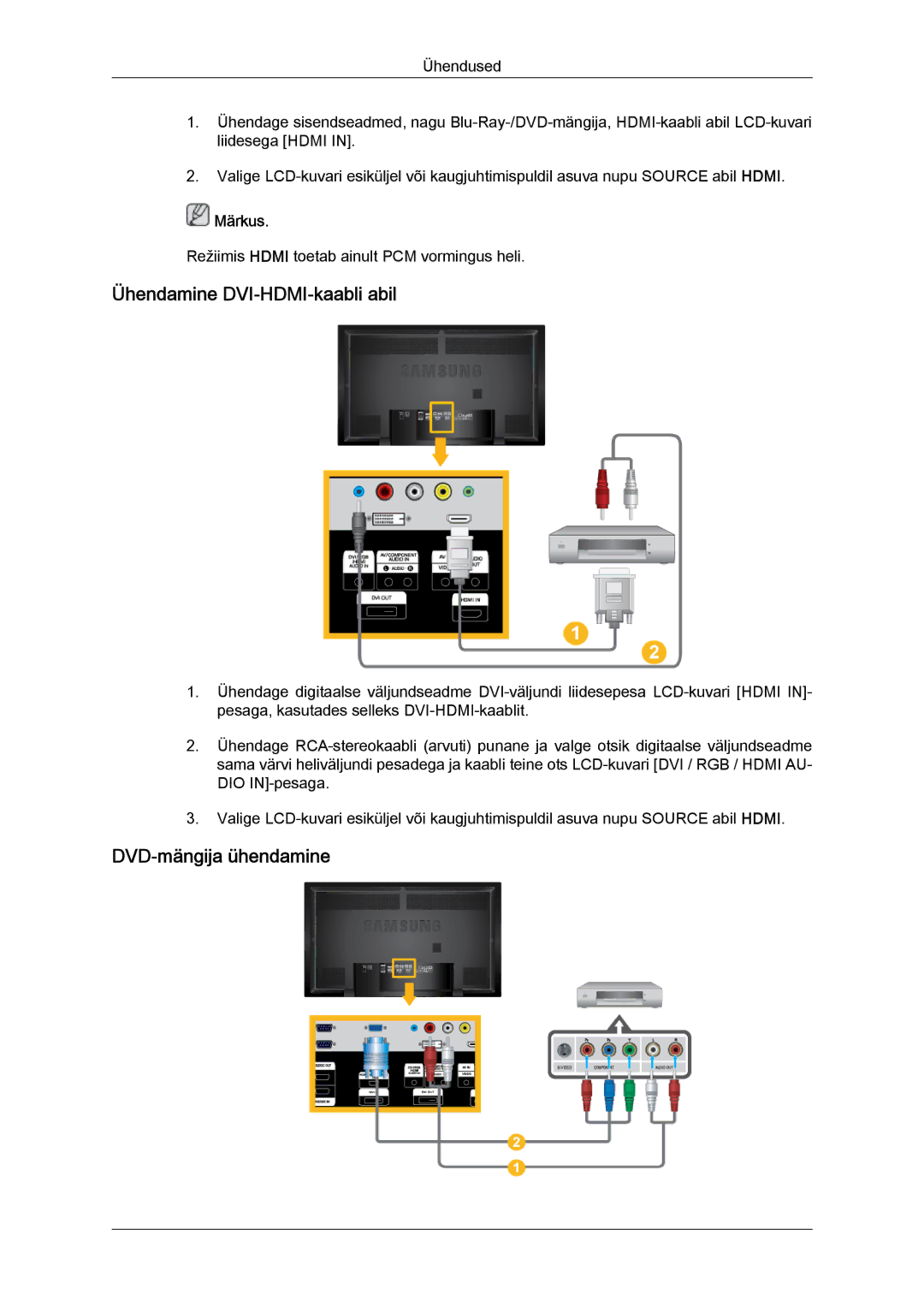 Samsung LH65TCQMBC/EN manual Ühendamine DVI-HDMI-kaabli abil, DVD-mängija ühendamine 