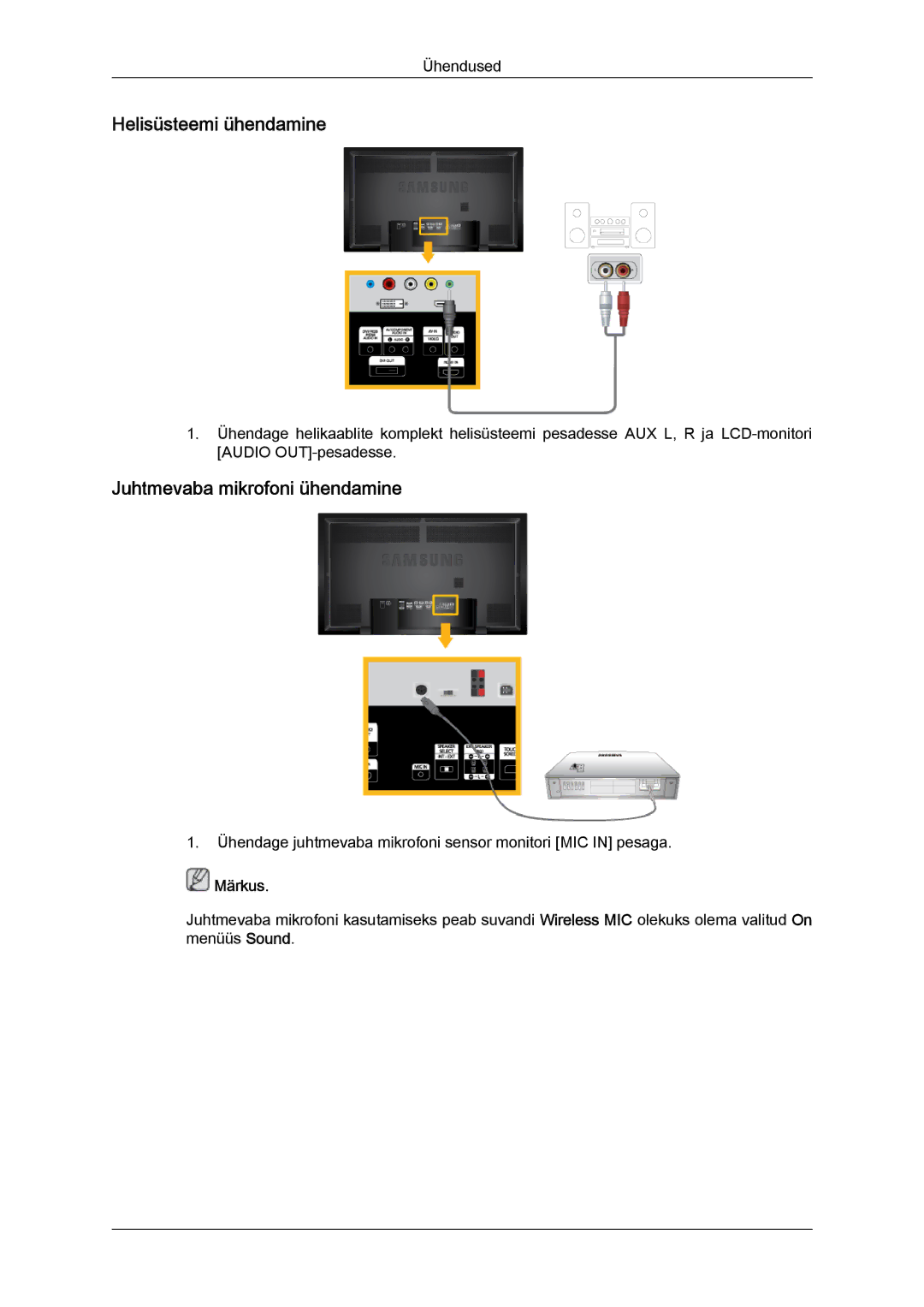 Samsung LH65TCQMBC/EN manual Helisüsteemi ühendamine, Juhtmevaba mikrofoni ühendamine 