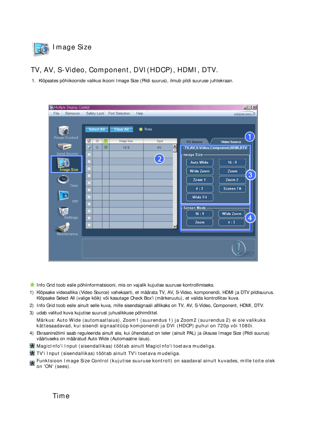 Samsung LH65TCQMBC/EN manual Image Size TV, AV, S-Video, Component, DVIHDCP, HDMI, DTV, Time 