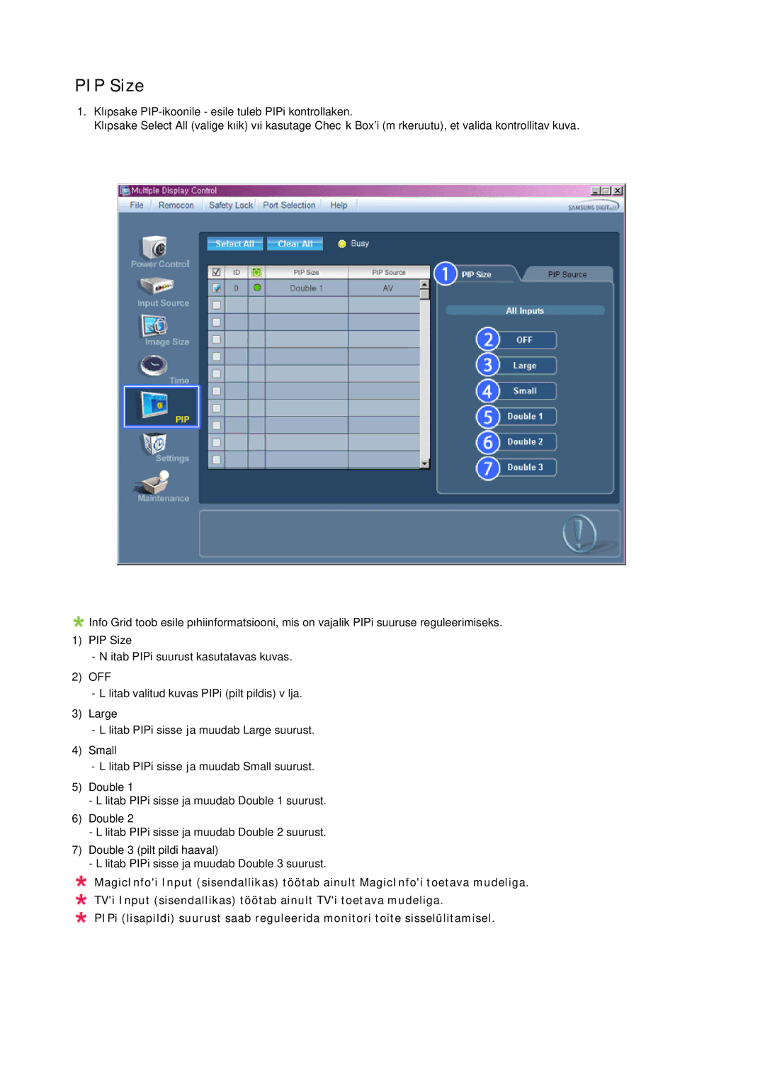 Samsung LH65TCQMBC/EN manual PIP Size 