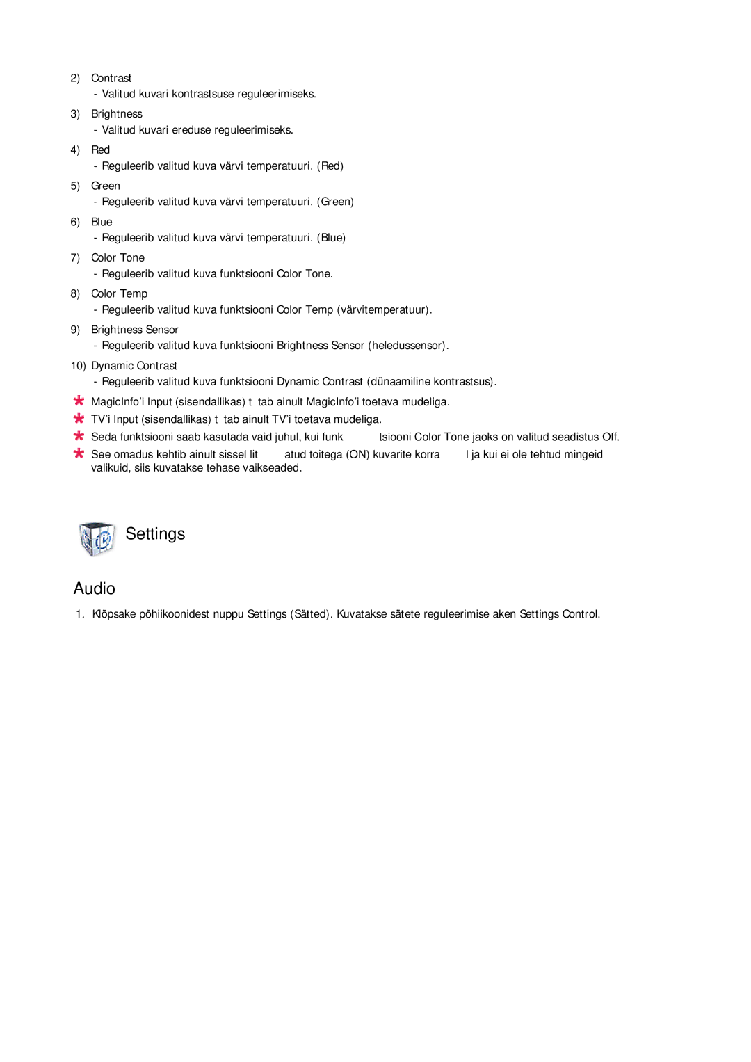 Samsung LH65TCQMBC/EN manual Settings Audio 