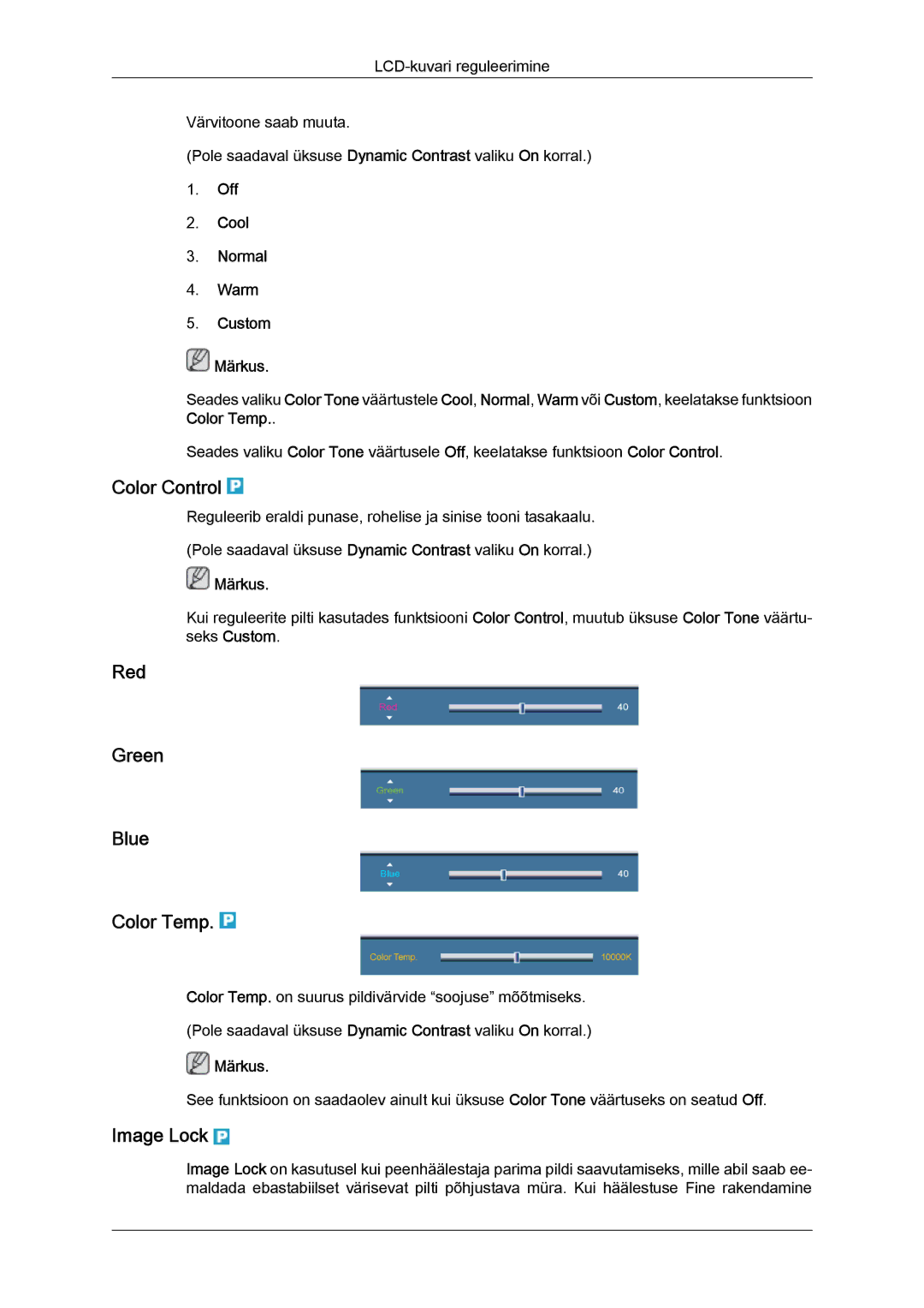 Samsung LH65TCQMBC/EN manual Color Control, Red Green Blue Color Temp, Image Lock, Off Cool Normal Warm Custom Märkus 