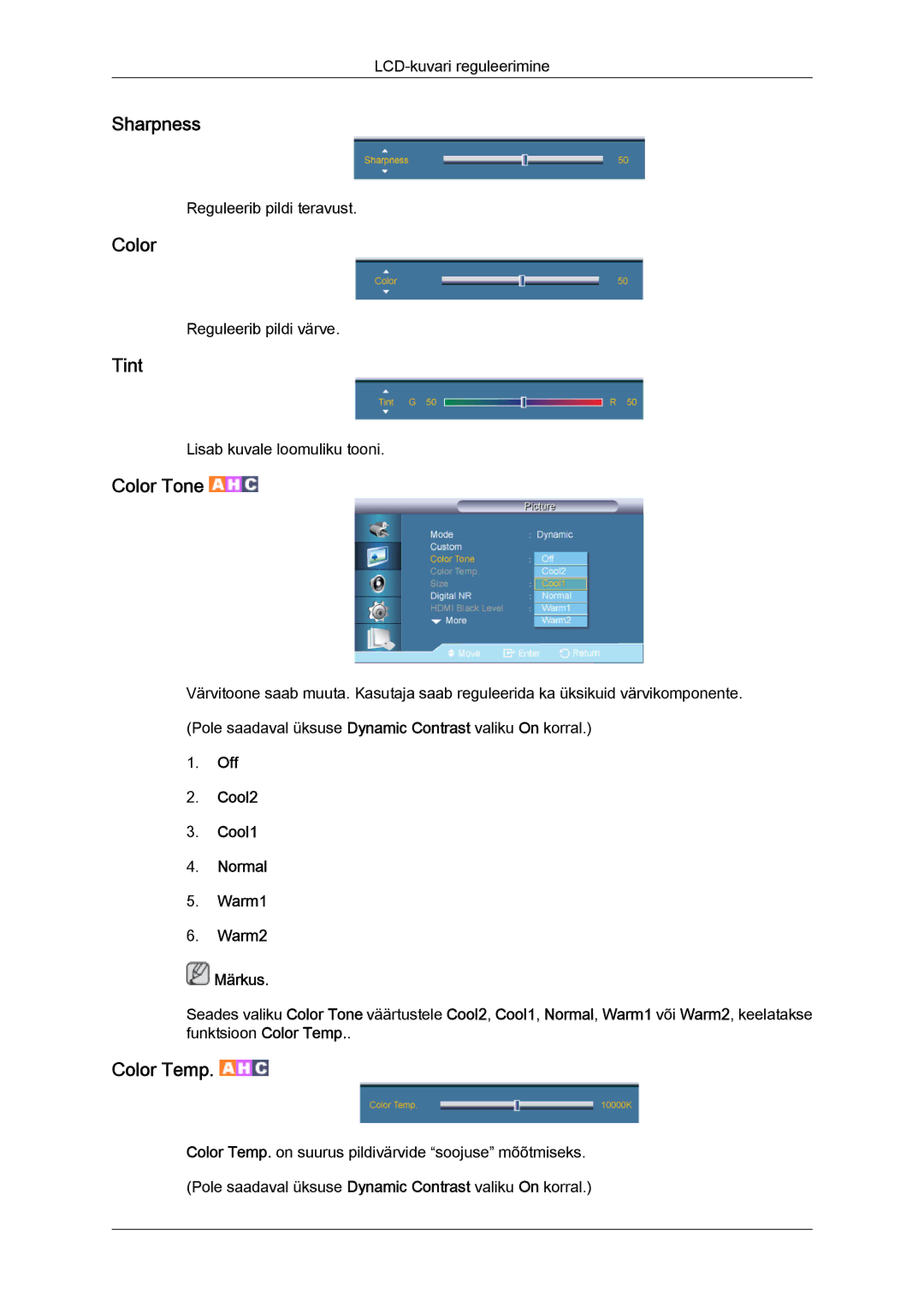 Samsung LH65TCQMBC/EN manual Color, Tint, Off Cool2 Cool1 Normal Warm1 Warm2 Märkus 