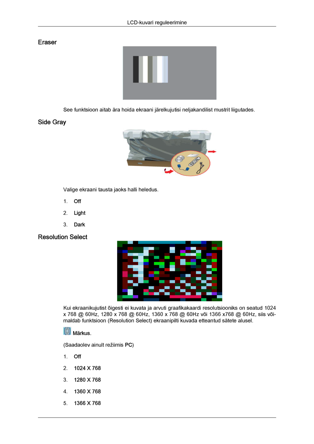 Samsung LH65TCQMBC/EN manual Eraser, Side Gray, Resolution Select, Off Light Dark, Off 1024 X 1280 X 1360 X 1366 X 