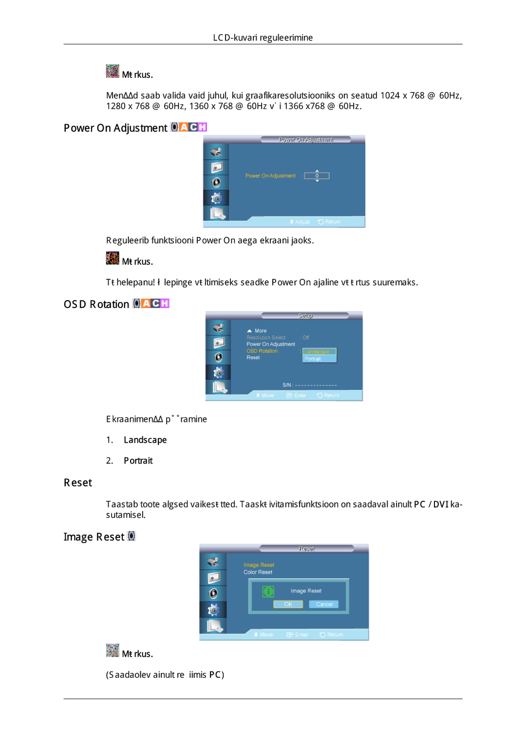 Samsung LH65TCQMBC/EN manual Power On Adjustment, OSD Rotation, Image Reset, Landscape Portrait 