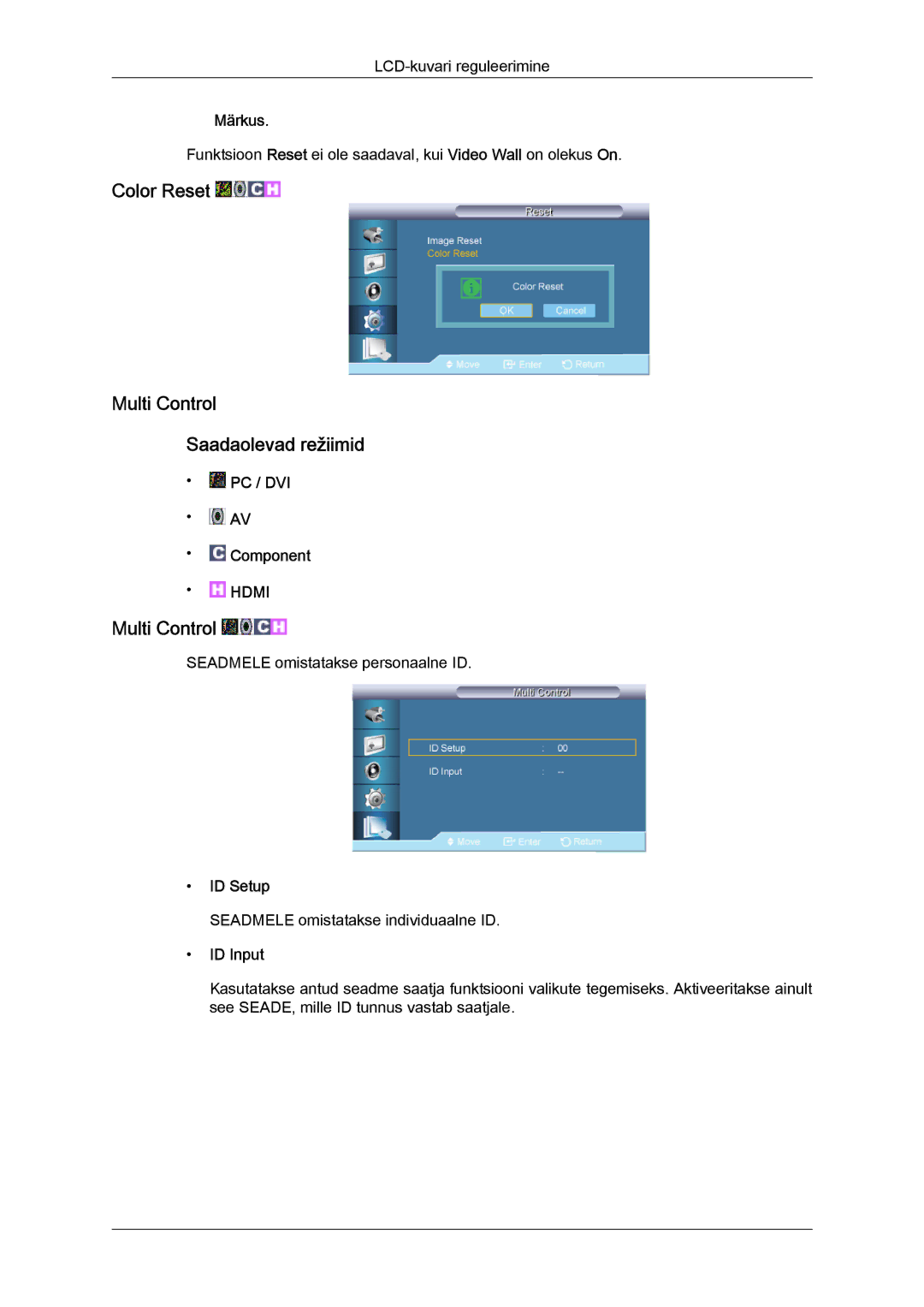 Samsung LH65TCQMBC/EN manual Color Reset Multi Control Saadaolevad režiimid, ID Setup, ID Input 