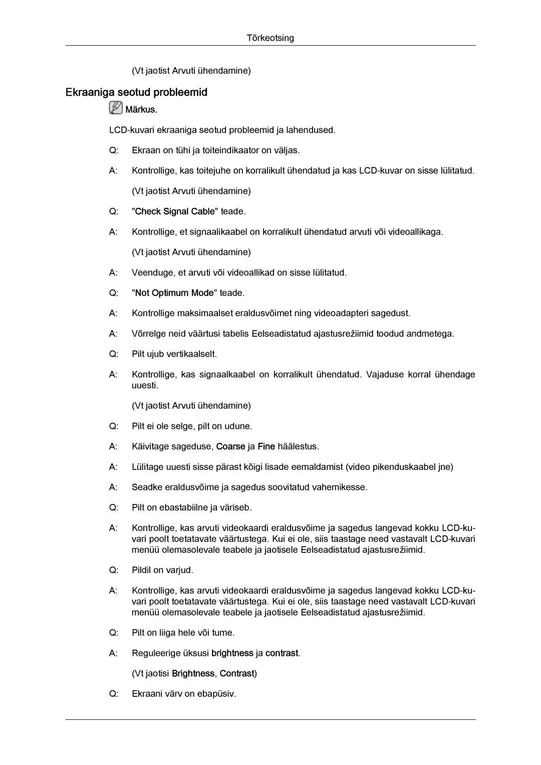 Samsung LH65TCQMBC/EN manual Ekraaniga seotud probleemid, Check Signal Cable teade, Not Optimum Mode teade 