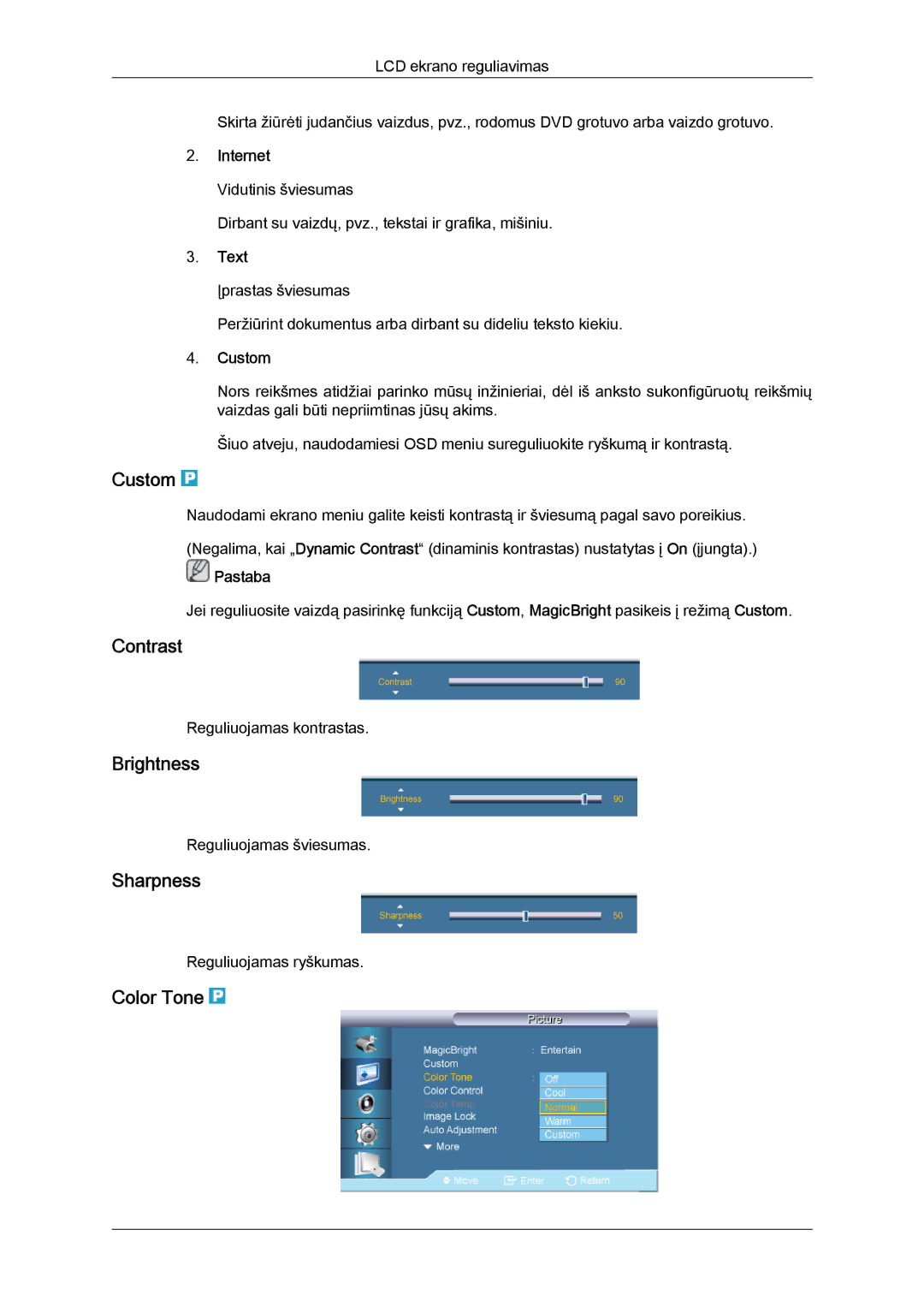 Samsung LH65TCQMBC/EN manual Custom, Contrast, Brightness, Sharpness, Color Tone 