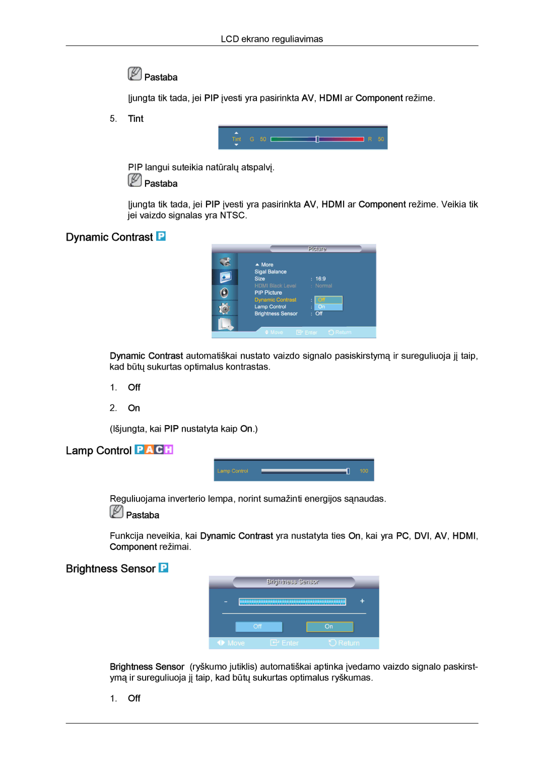 Samsung LH65TCQMBC/EN manual Dynamic Contrast, Lamp Control, Brightness Sensor, Tint 