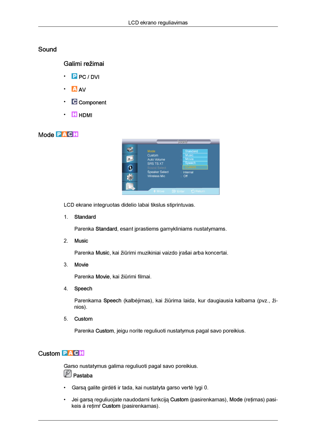 Samsung LH65TCQMBC/EN manual Sound Galimi režimai, Music, Speech 